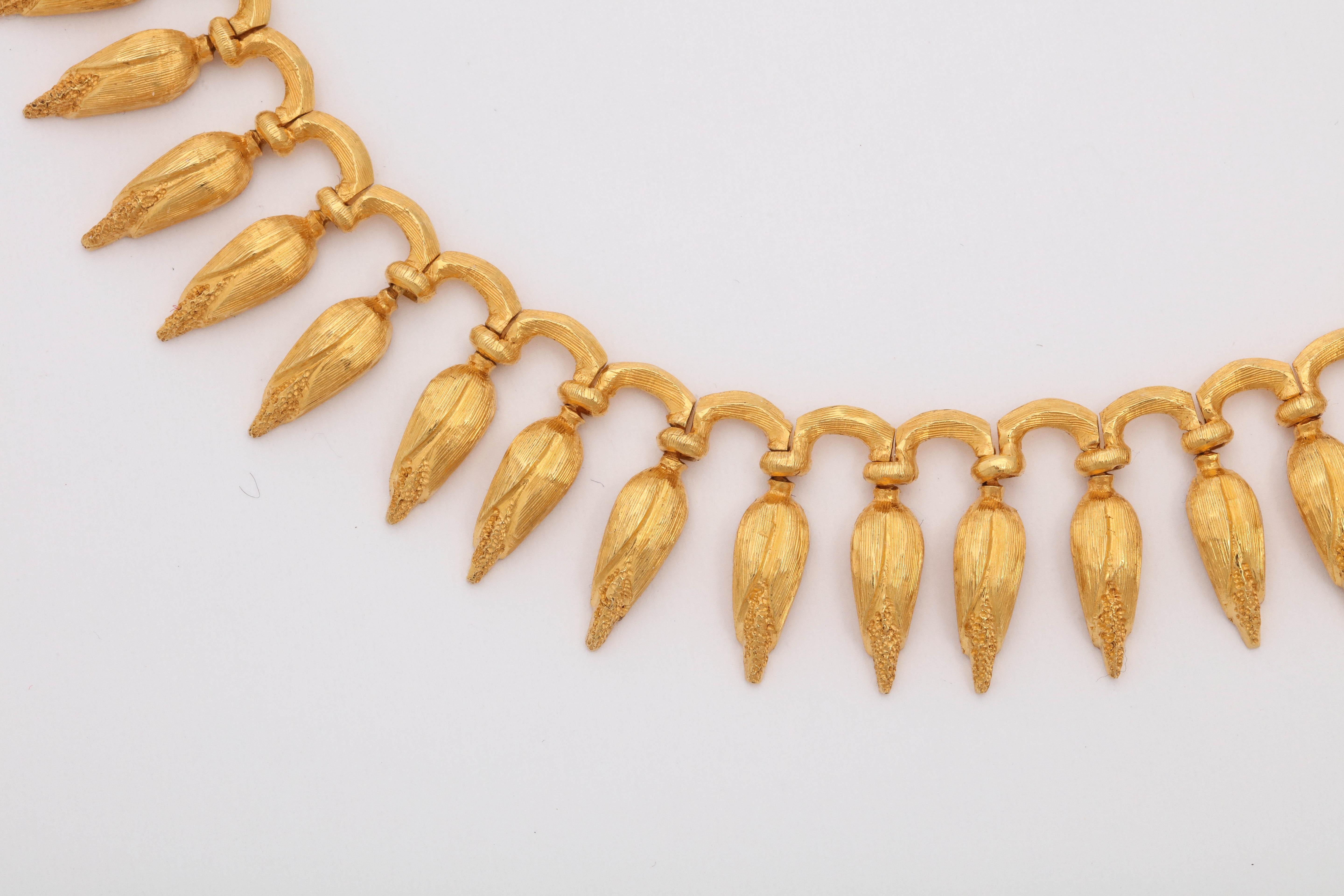 Lalaounis 1950s Handmade Engraved Dangle Leaves Gold Flexible Necklace 2