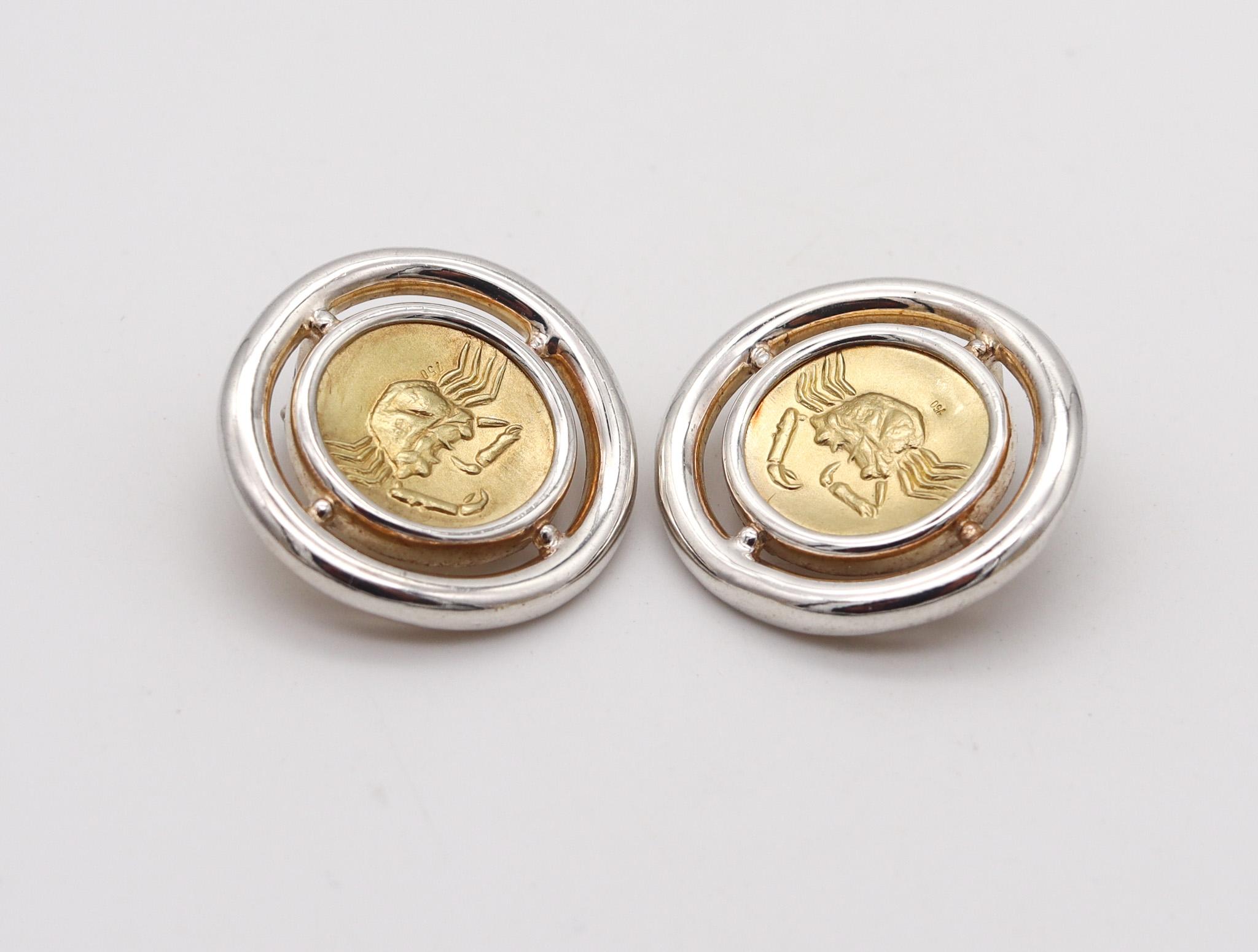 A pair of zodiacal earrings designed by Ilias Lalaounis.

Beautiful clips-on earrings, created in Greece by the jewelry house of Ilias Lalaounis back in the 1970. These beautiful vintage pair are rare and have been carefully crafted in two tones, a