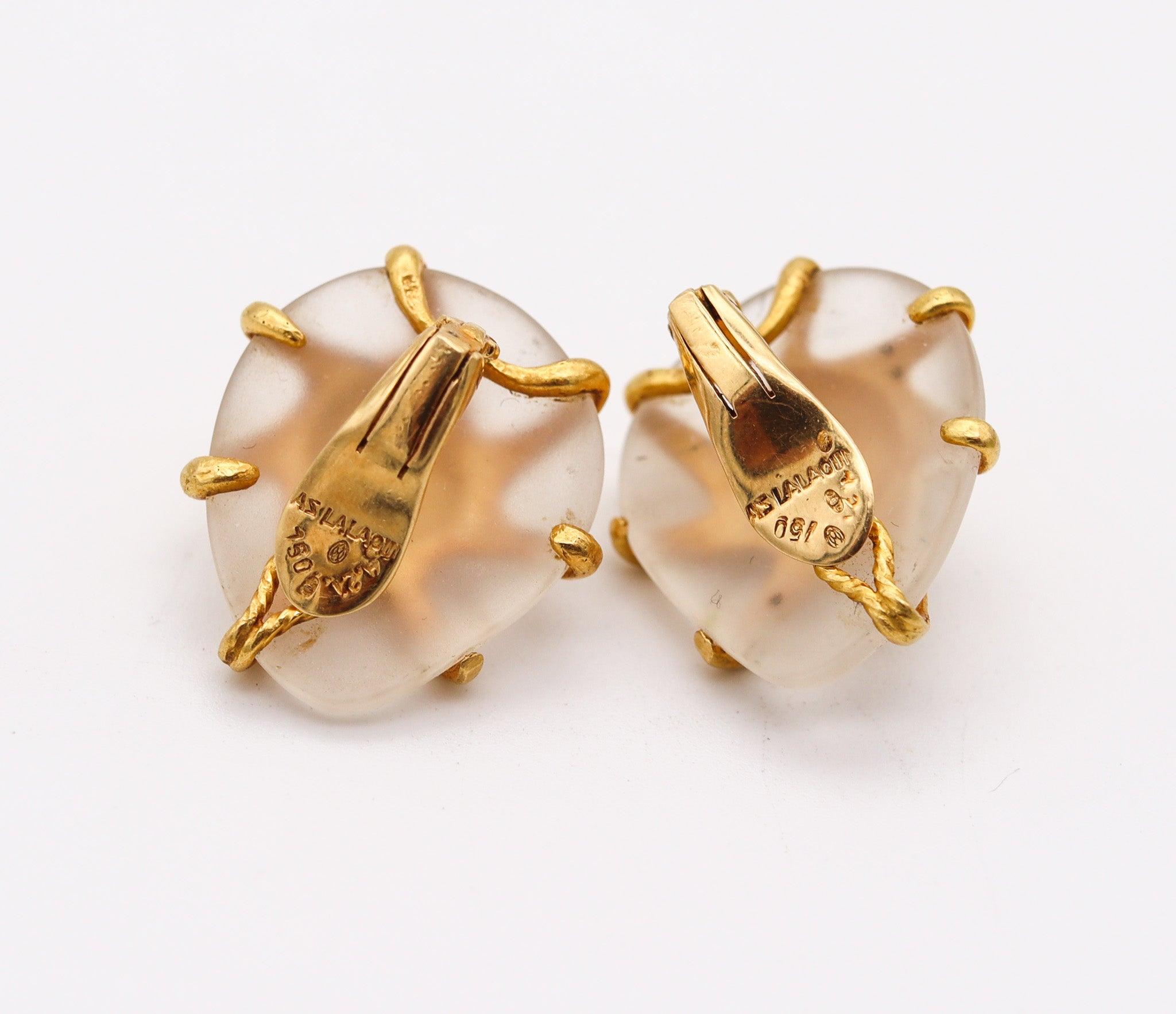 Cabochon LALAOUNIS 1970 Carved Rock Quartz Nature Clips-On Earrings In 18Kt Yellow Gold For Sale