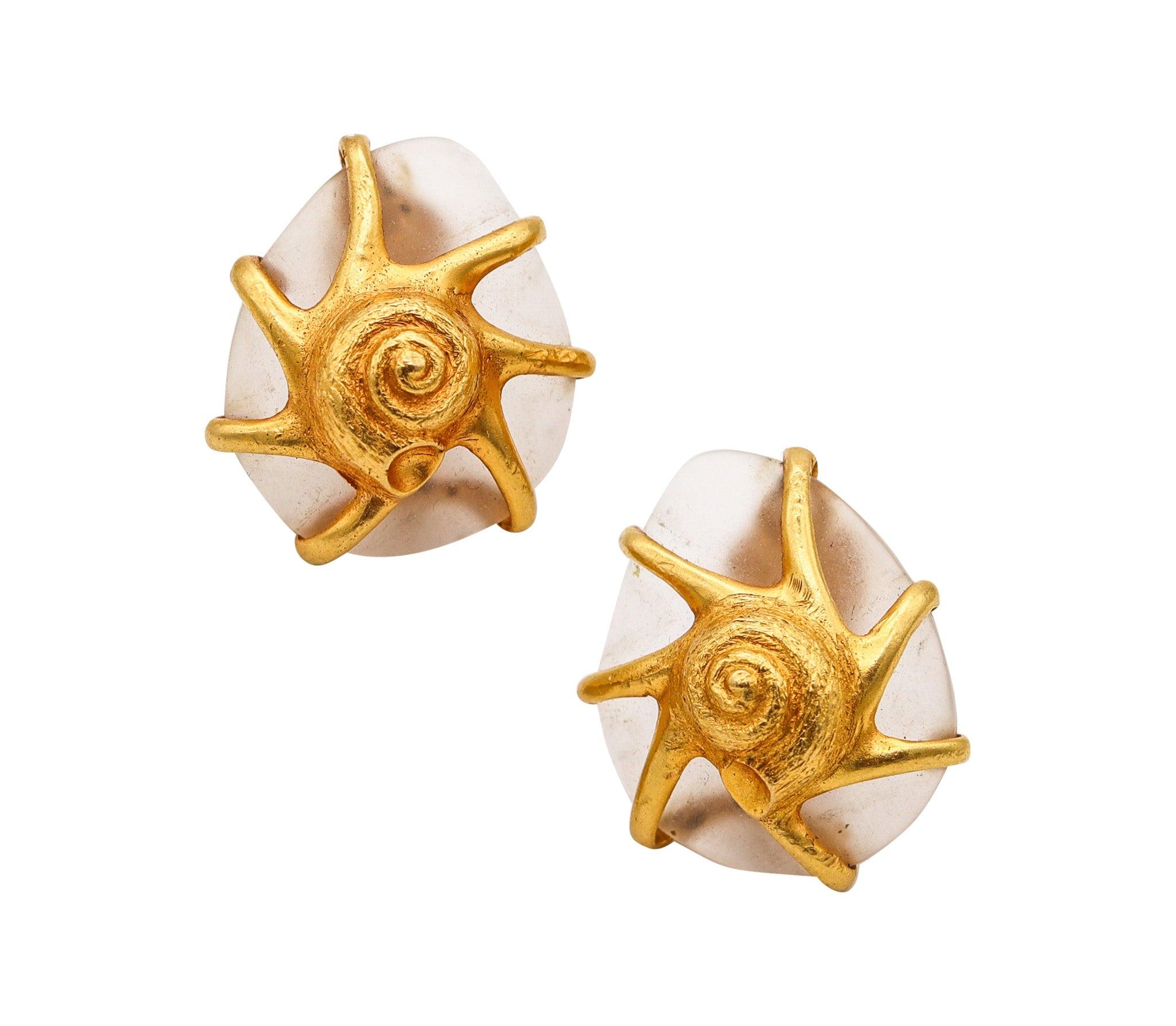 Women's LALAOUNIS 1970 Carved Rock Quartz Nature Clips-On Earrings In 18Kt Yellow Gold For Sale