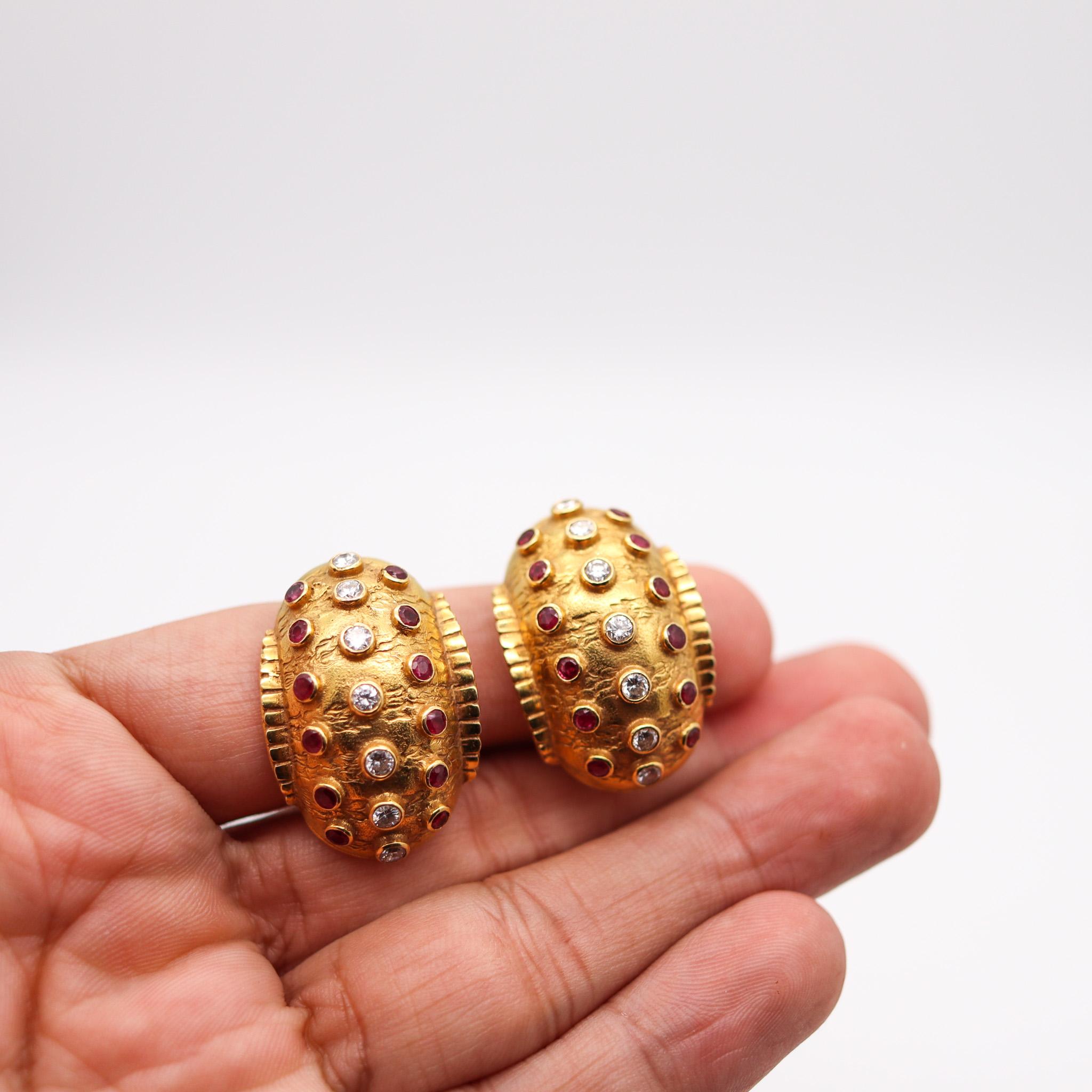 Greek Revival Lalaounis 1970 Clips On Earrings in 18kt Gold With 3.32ctw Diamonds and Rubies