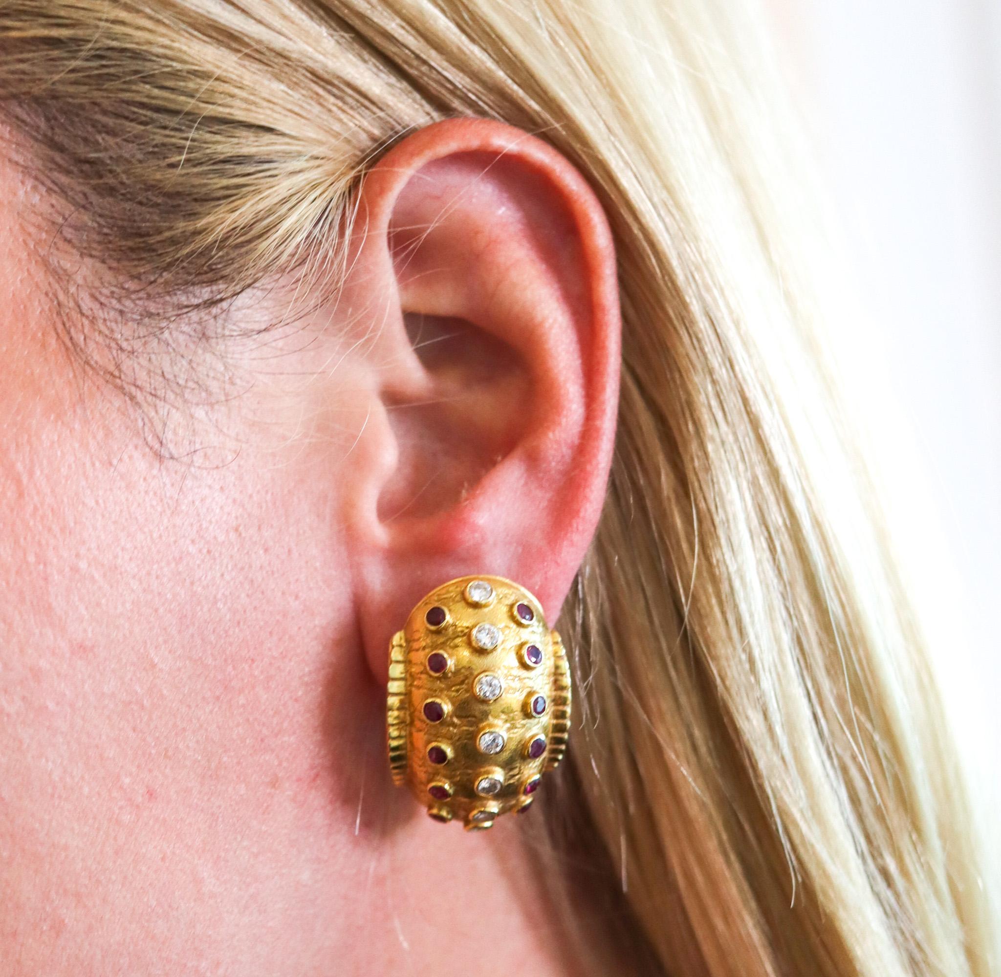 Brilliant Cut Lalaounis 1970 Clips On Earrings in 18kt Gold With 3.32ctw Diamonds and Rubies
