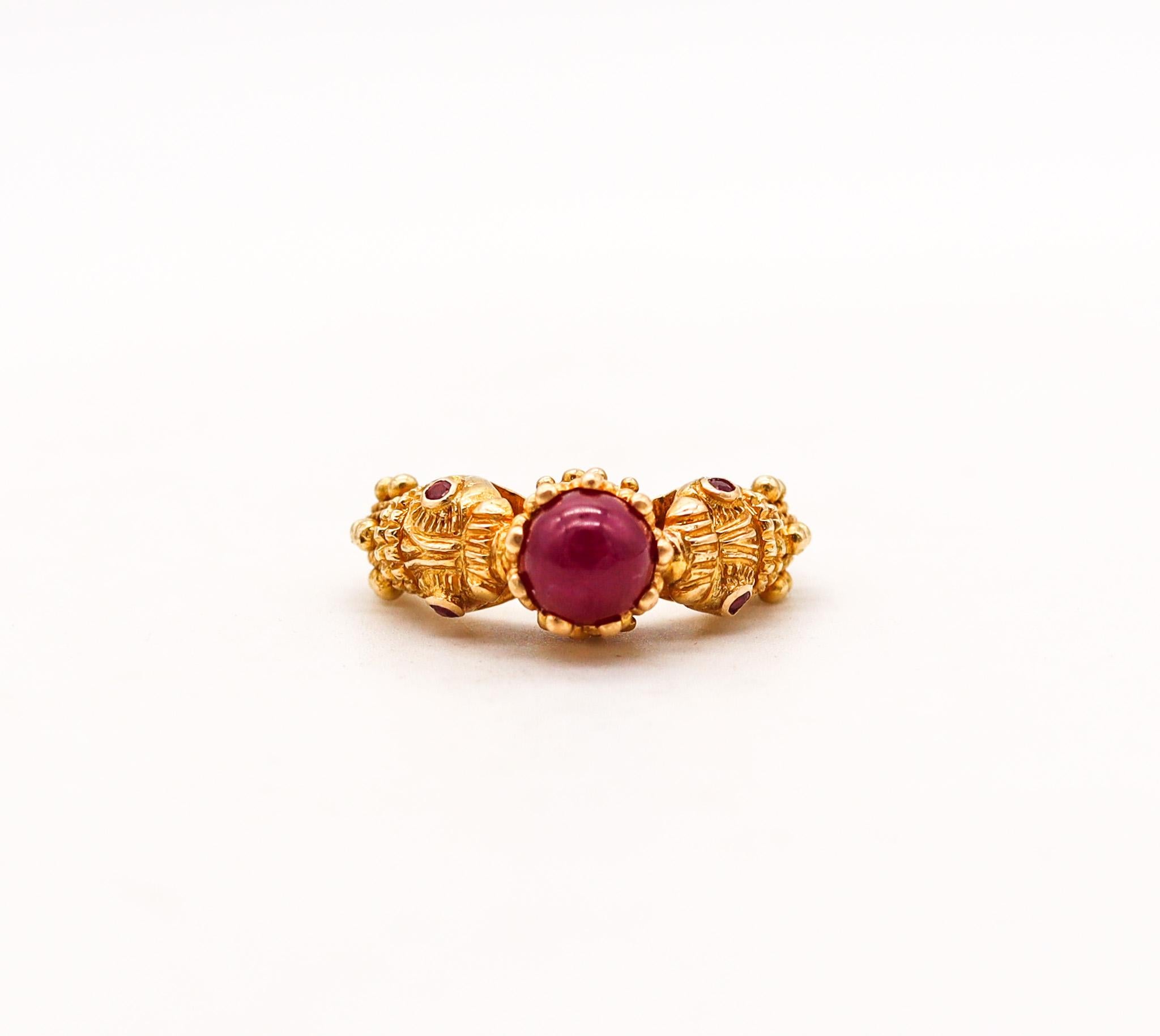 Hellenistic Lalaounis 1970 Double Chimeras Ring In 18Kt Yellow Gold With 1.96 Ctw In Rubies