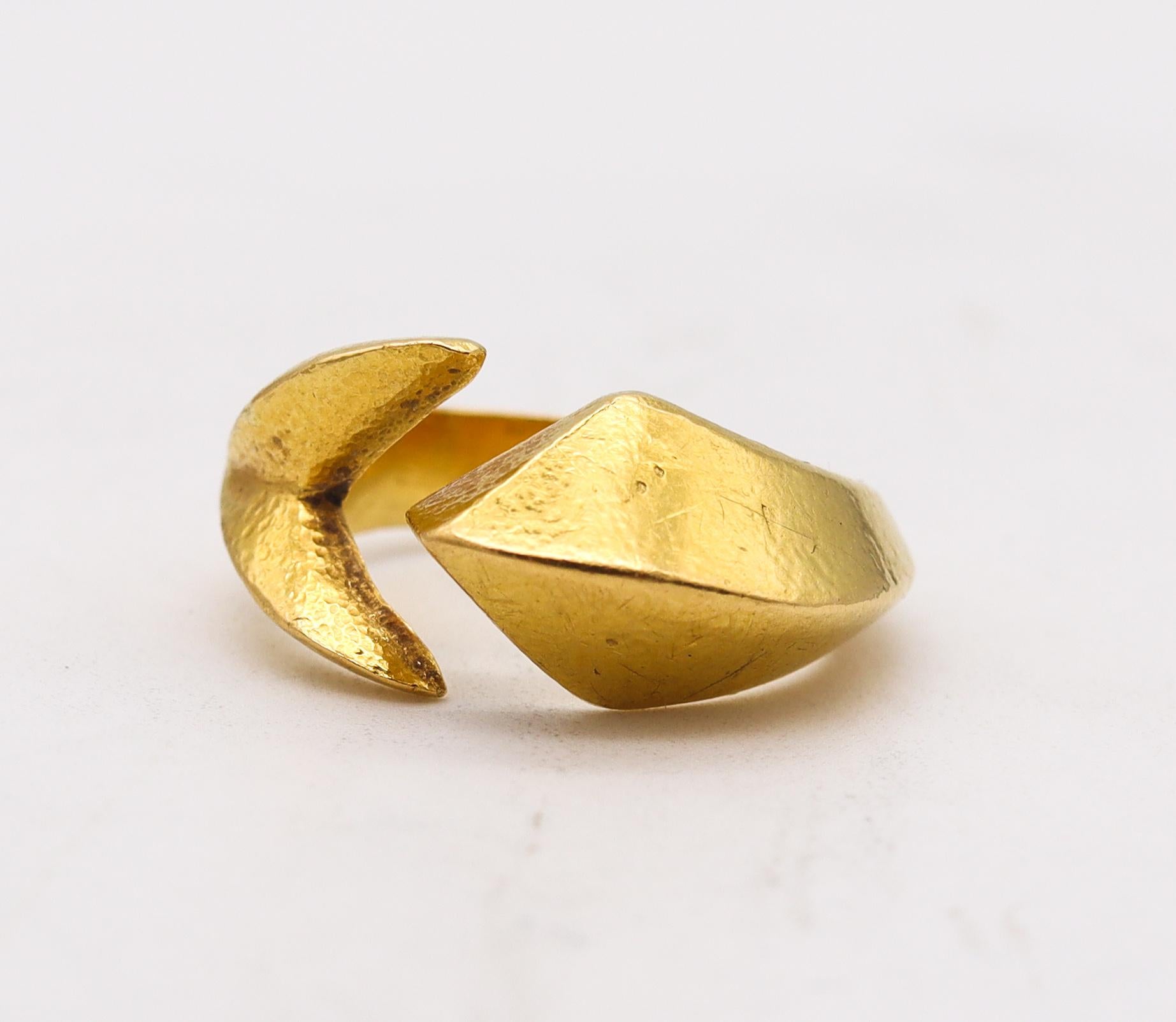 Gothic Revival Lalaounis 1970 Geometric Open Work Paleolithic Ring in Battered 22Kt Yellow Gold