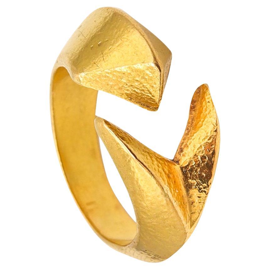 Lalaounis 1970 Geometric Open Work Paleolithic Ring in Battered 22Kt Yellow Gold