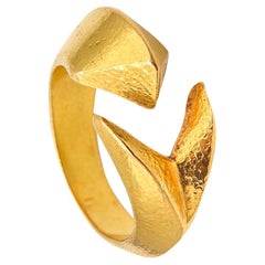 Lalaounis 1970 Geometric Open Work Paleolithic Ring in Battered 22Kt Yellow Gold