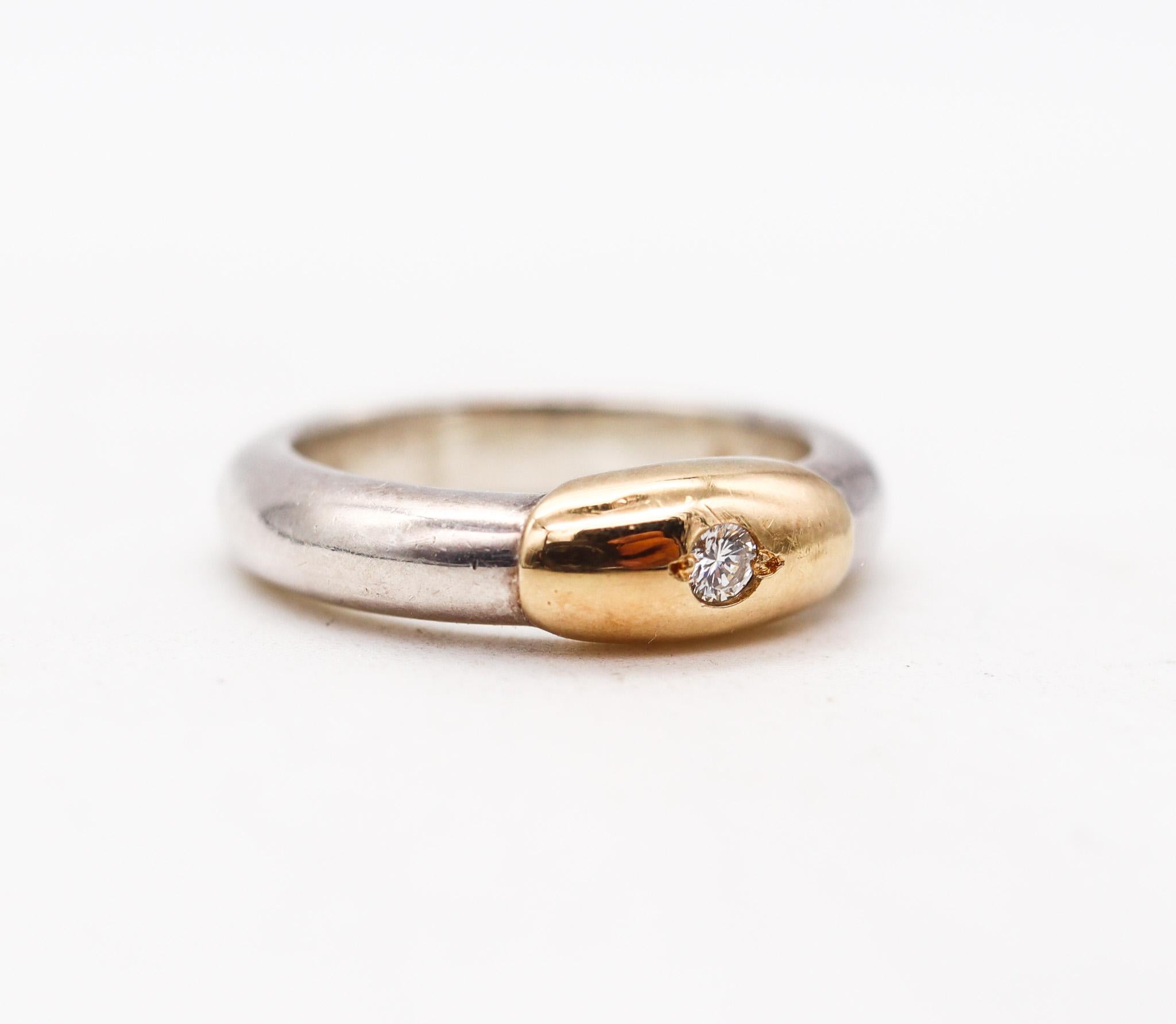 Brilliant Cut Lalaounis 1970 Greece Band Ring In 18Kt Yellow Gold & Sterling With One Diamond