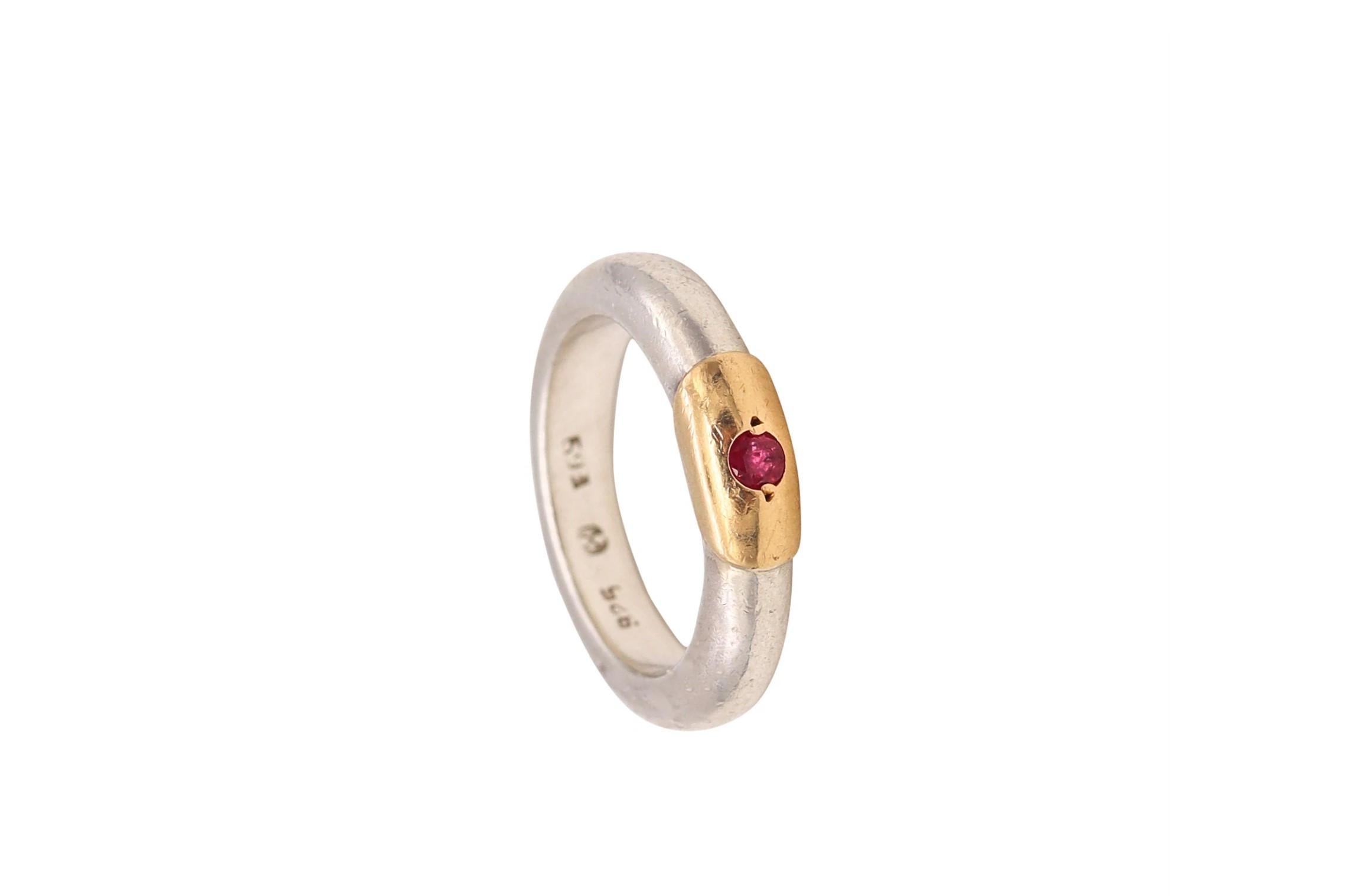 Women's or Men's Lalaounis 1970 Greece Band Ring in 18Kt Yellow Gold & Sterling with Round Ruby