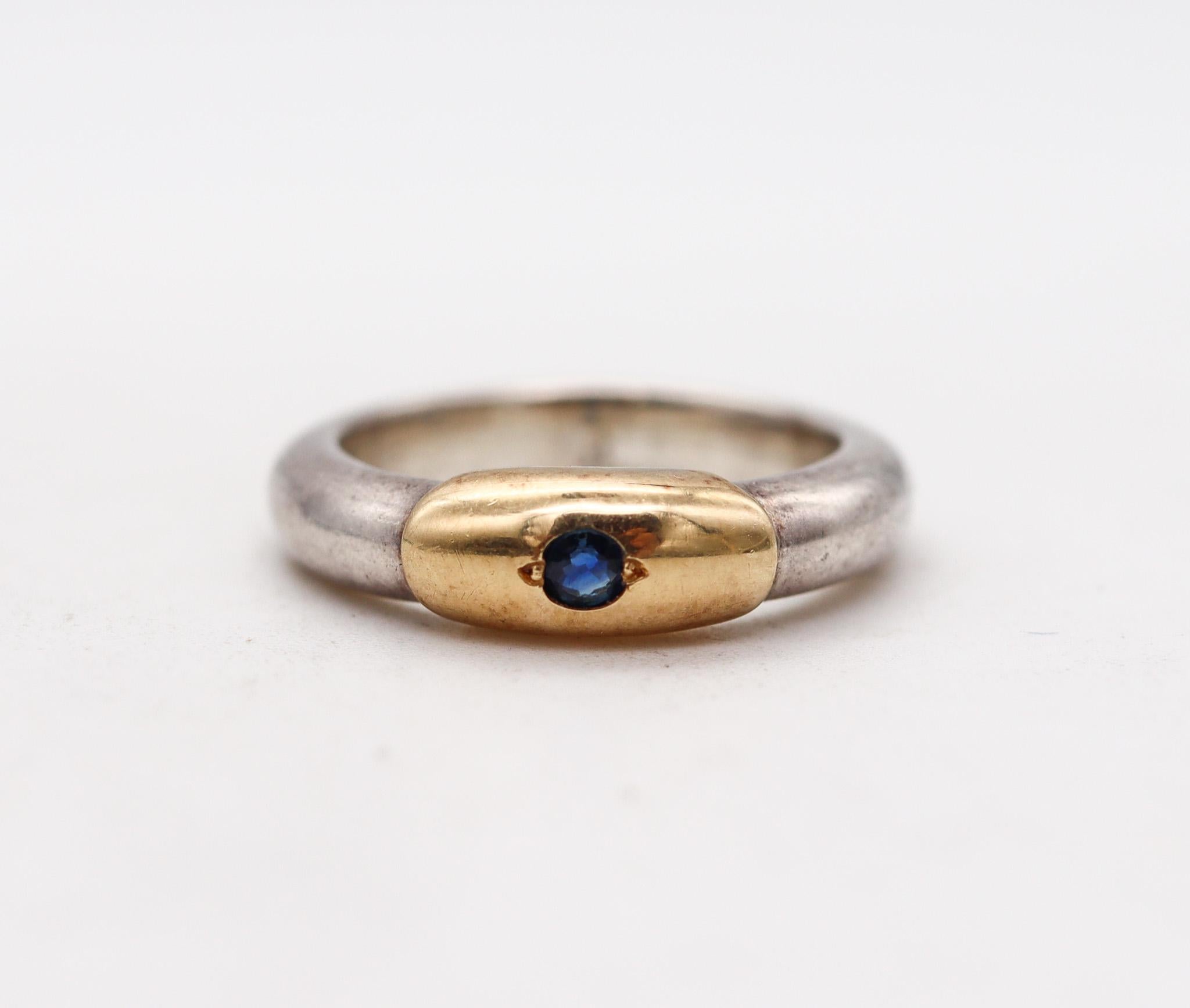 Modernist Lalaounis 1970 Greece Band Ring in 18kt Yellow Gold & Sterling with Sapphire