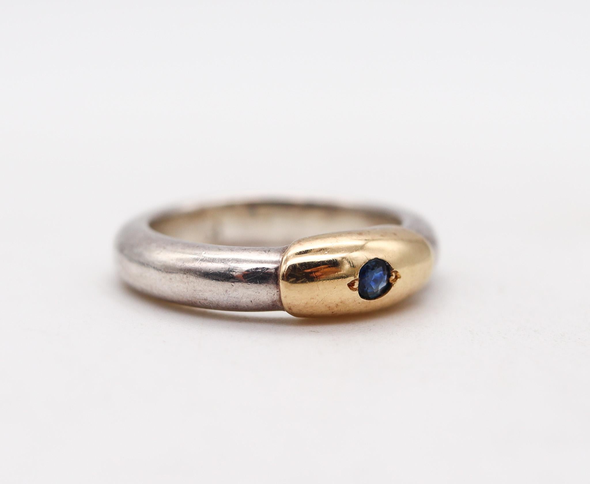 Brilliant Cut Lalaounis 1970 Greece Band Ring in 18kt Yellow Gold & Sterling with Sapphire