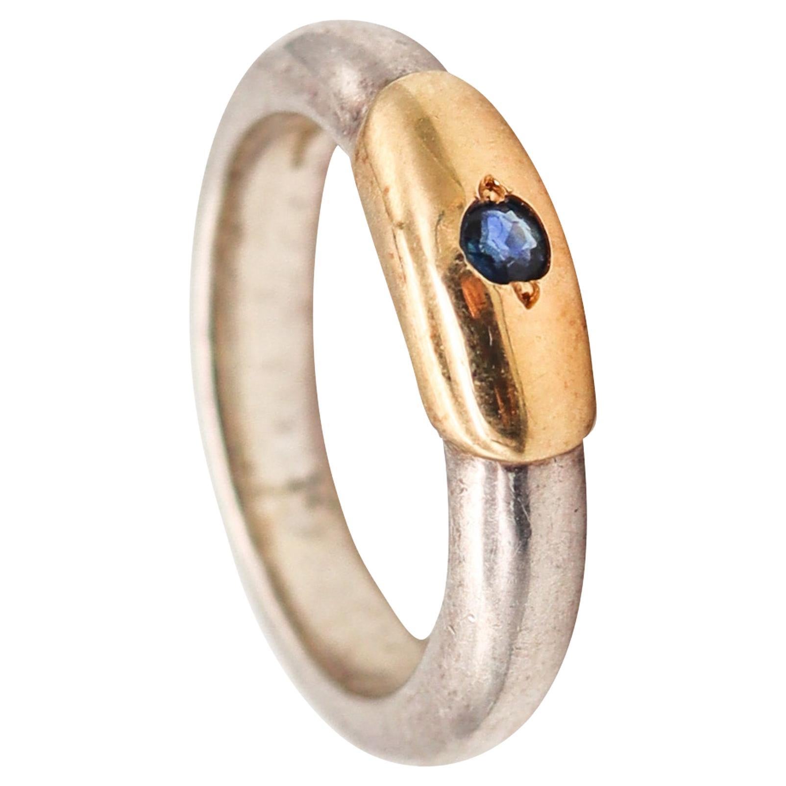 Lalaounis 1970 Greece Band Ring in 18kt Yellow Gold & Sterling with Sapphire