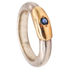 Lalaounis 1970 Greece Band Ring in 18kt Yellow Gold & Sterling with Sapphire