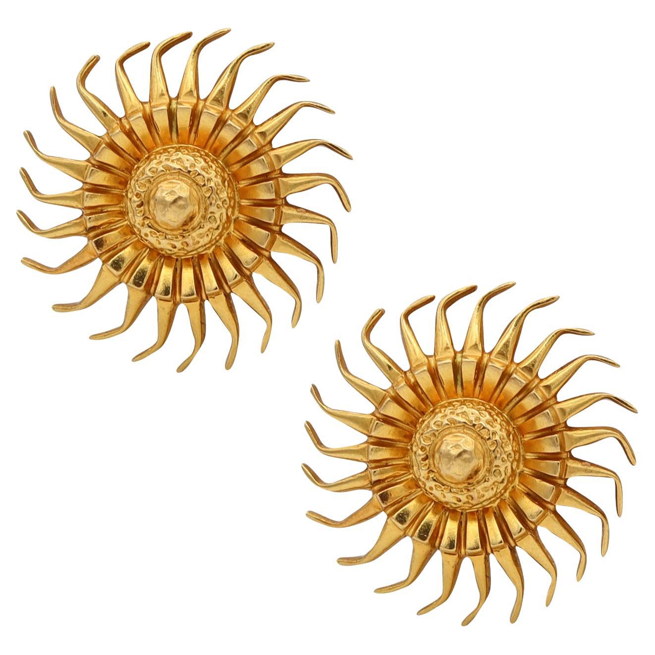 Lalaounis 1970 Hellenistic Sun Burst Clips Earrings in Solid 18Kt Yellow Gold For Sale