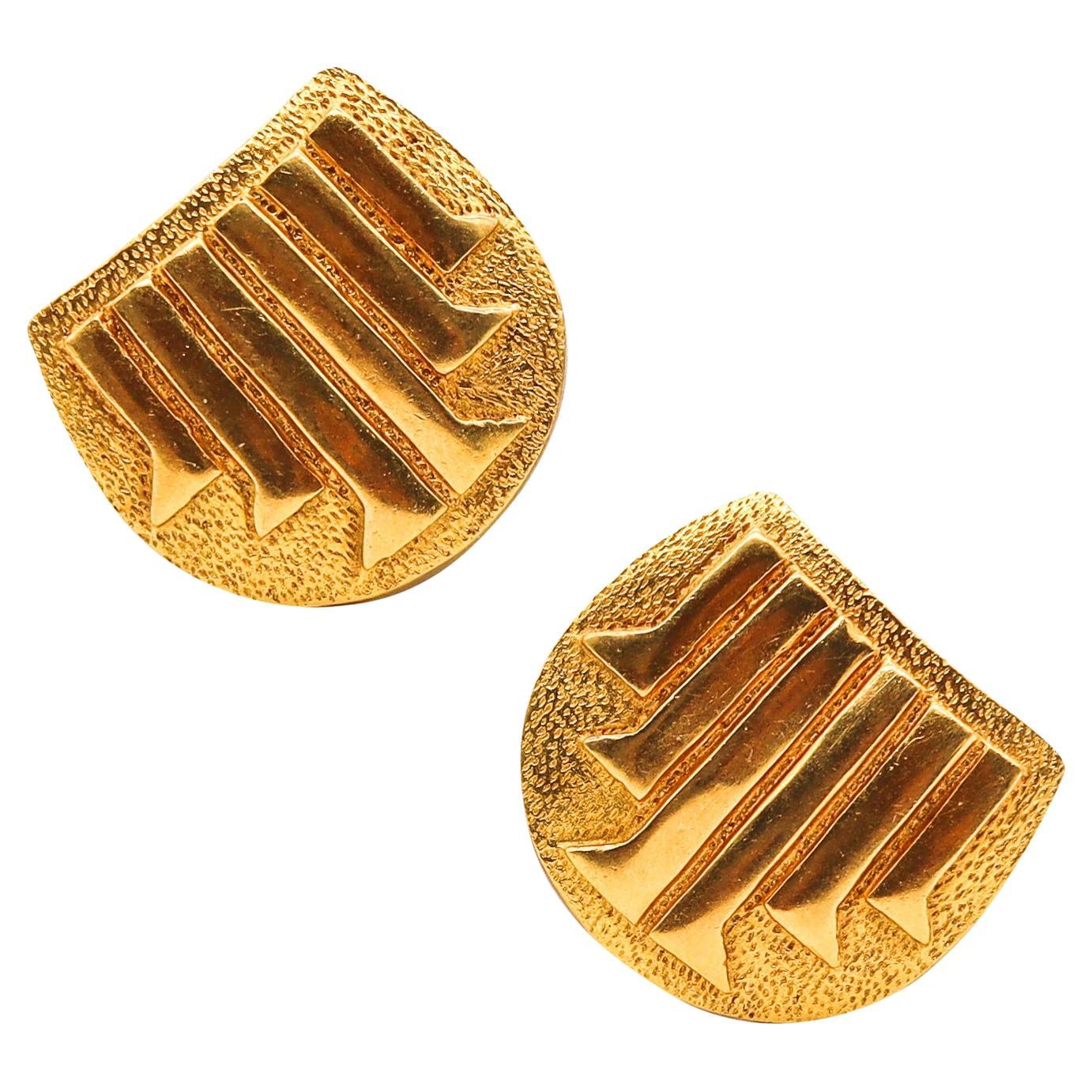 Lalaounis 1970 Modernisme Geometric Earrings in Solid Textured 18kt Yellow Gold For Sale