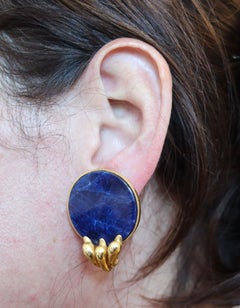LALAOUNIS 1970 Modernist Clips-On Earrings In 22Kt Yellow Gold & Blue Sodalites