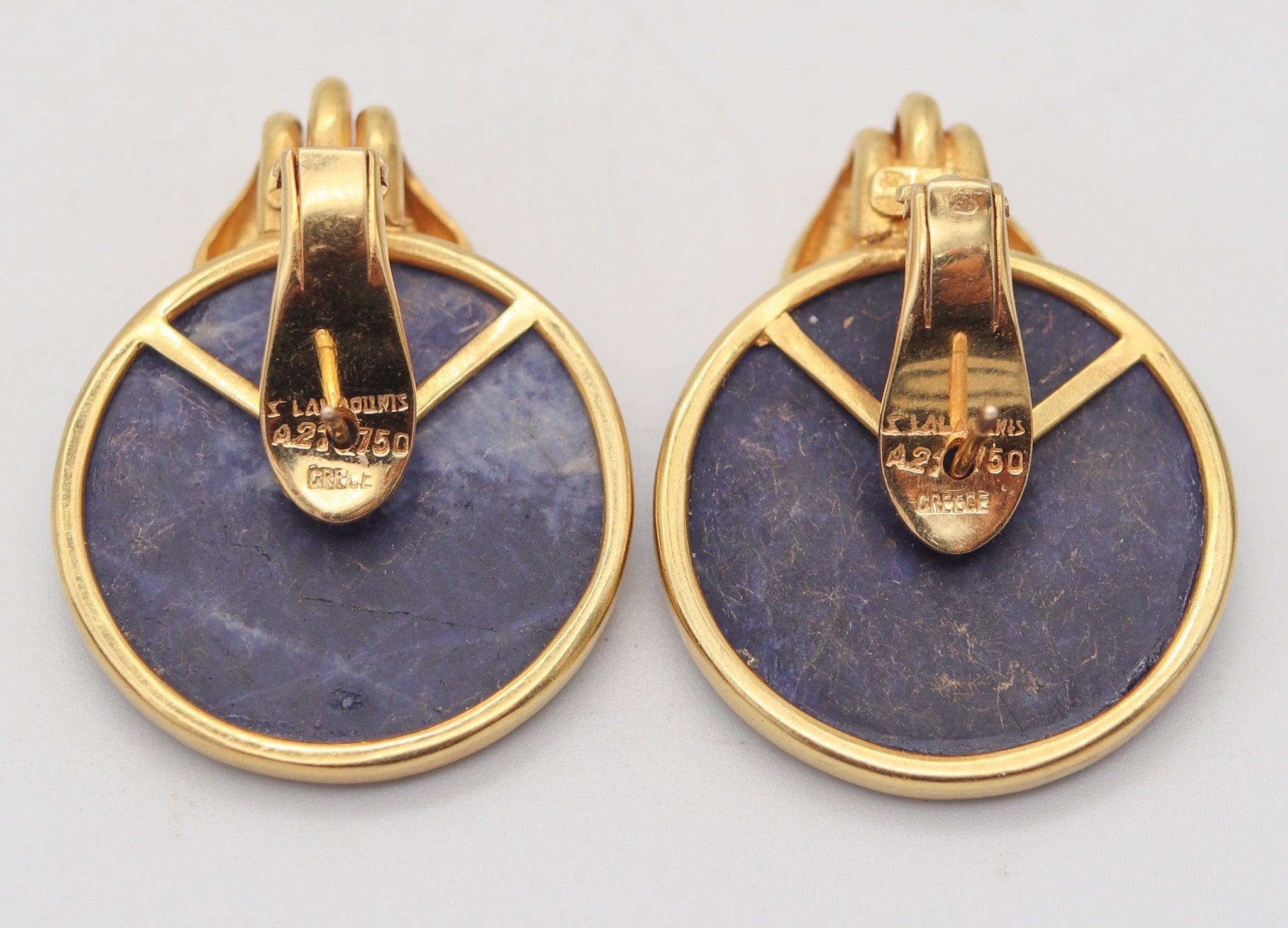 LALAOUNIS 1970 Modernist Clips-On Earrings In 22Kt Yellow Gold & Blue Sodalites For Sale 1