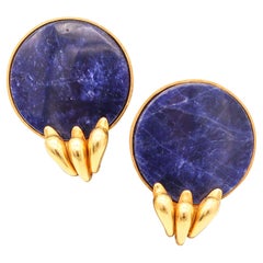 LALAOUNIS 1970 Modernist Clips-On Earrings In 22Kt Yellow Gold & Blue Sodalites