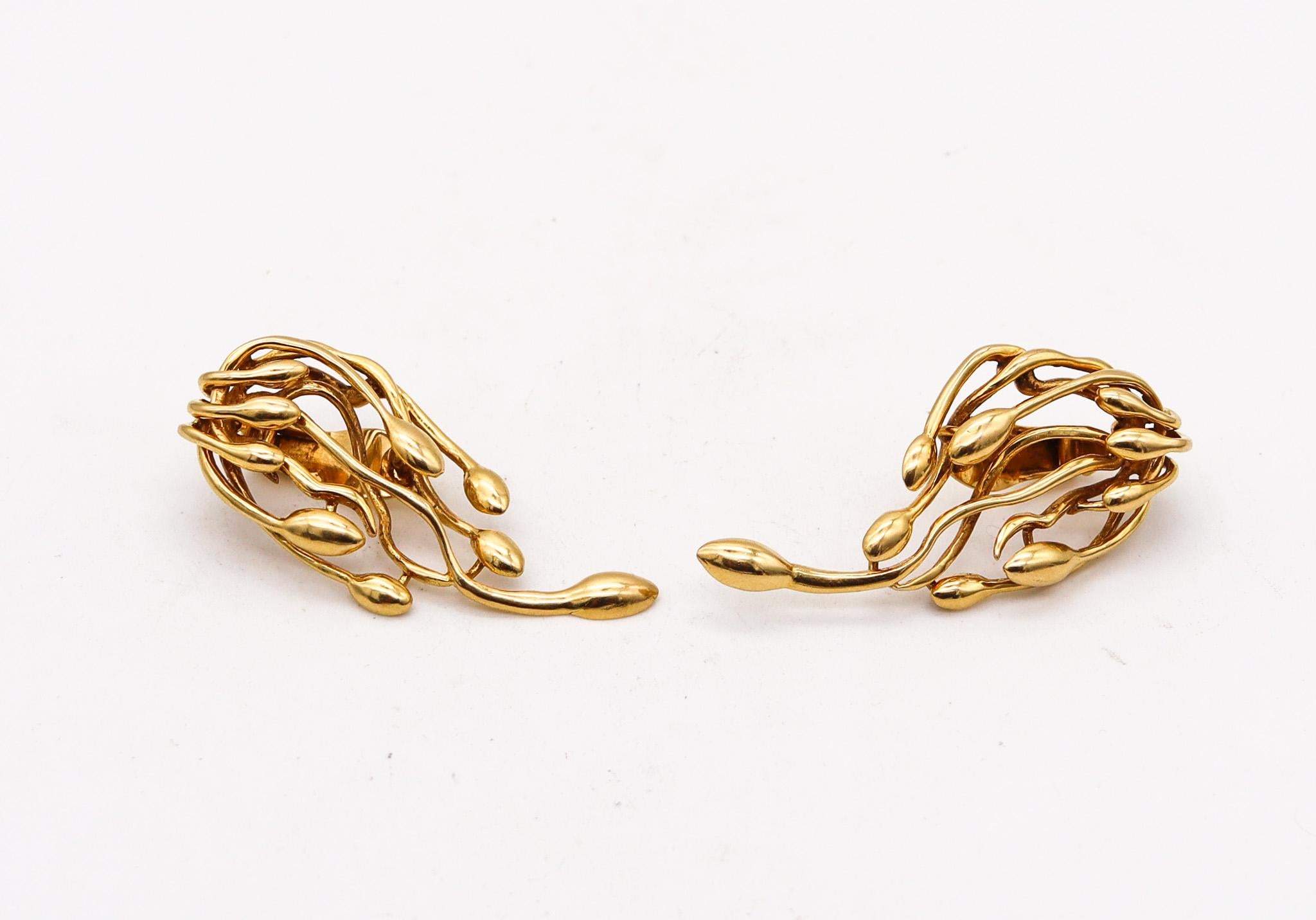 A pair of free form earrings designed by Ilias Lalaounis.

Statement pair of clips-on earrings, created in Paris France by the jewelry house of Ilias Lalaounis back in the early 1970. These beautiful vintage pieces are from the Biosymbols collection