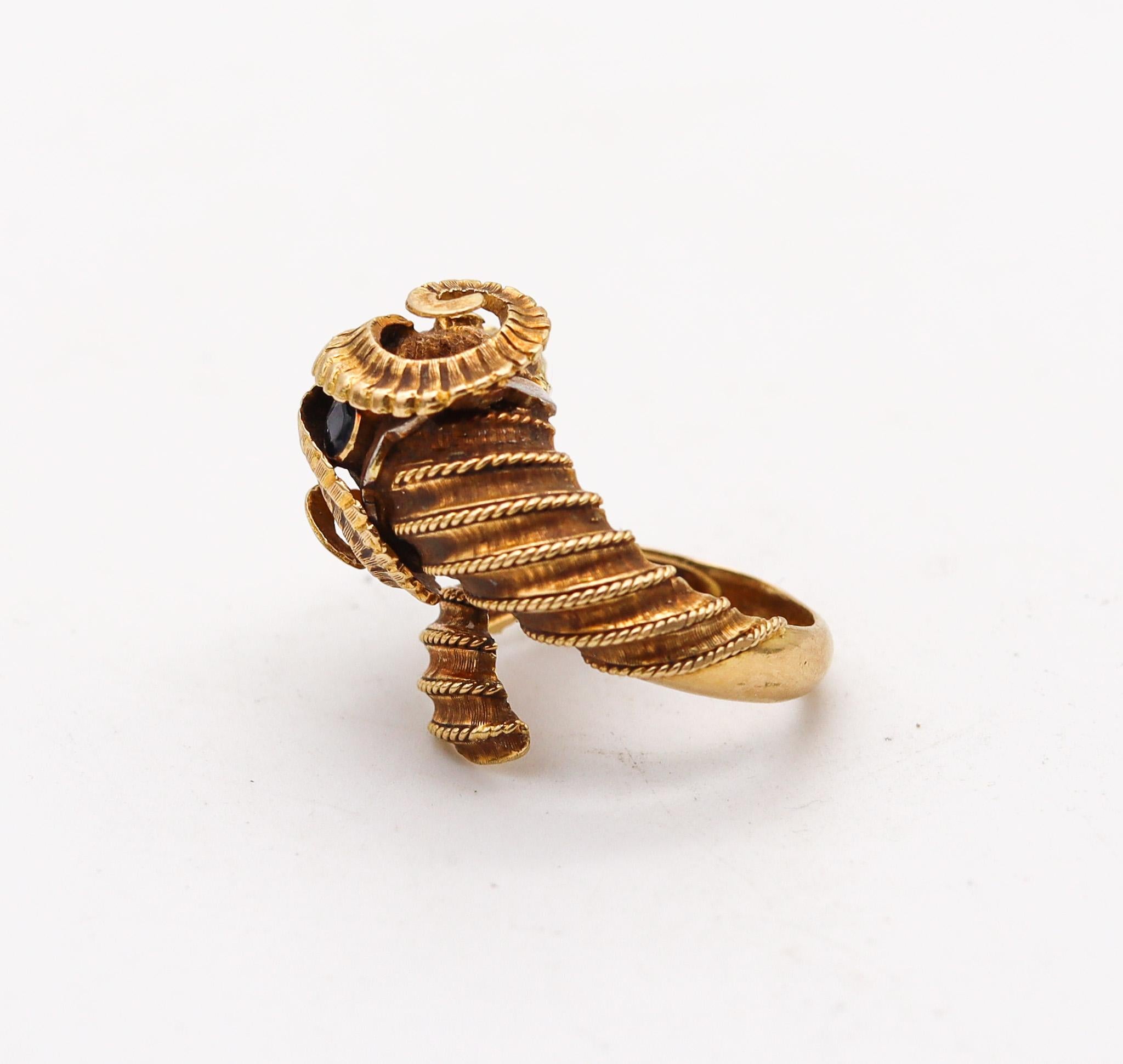 Hellenistic Lalaounis 1970 Ram Ring In Textured 18Kt Yellow Gold With Rubies And Sapphire