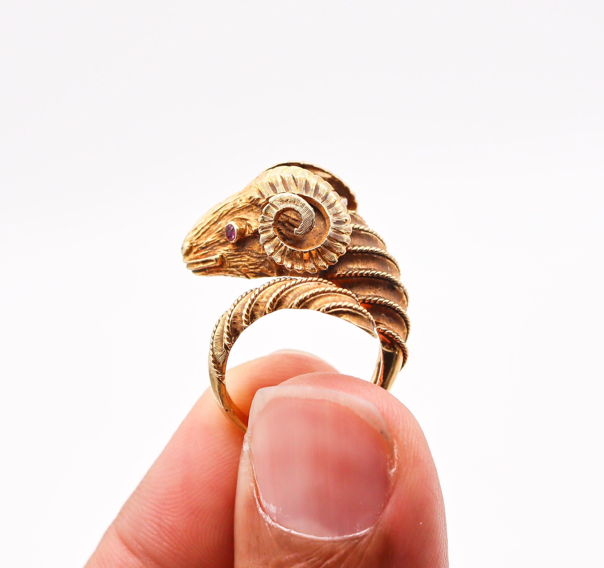 Round Cut Lalaounis 1970 Ram Ring In Textured 18Kt Yellow Gold With Rubies And Sapphire