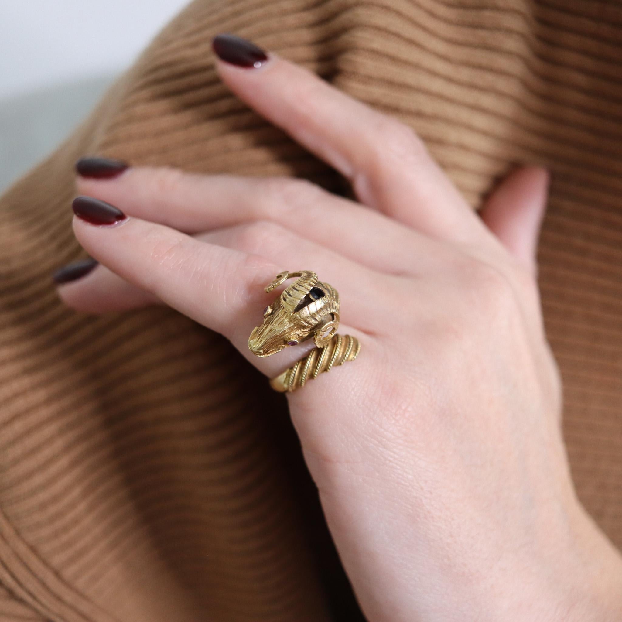 Lalaounis 1970 Ram Ring In Textured 18Kt Yellow Gold With Rubies And Sapphire In Excellent Condition In Miami, FL