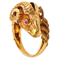 Vintage Lalaounis 1970 Ram Ring In Textured 18Kt Yellow Gold With Rubies And Sapphire