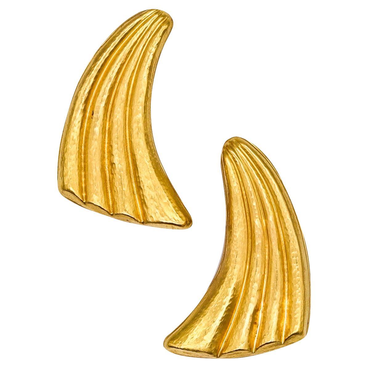 Lalaounis 1970 the Dawn of Art Clips on Earrings in Hammered 18kt Yellow Gold For Sale