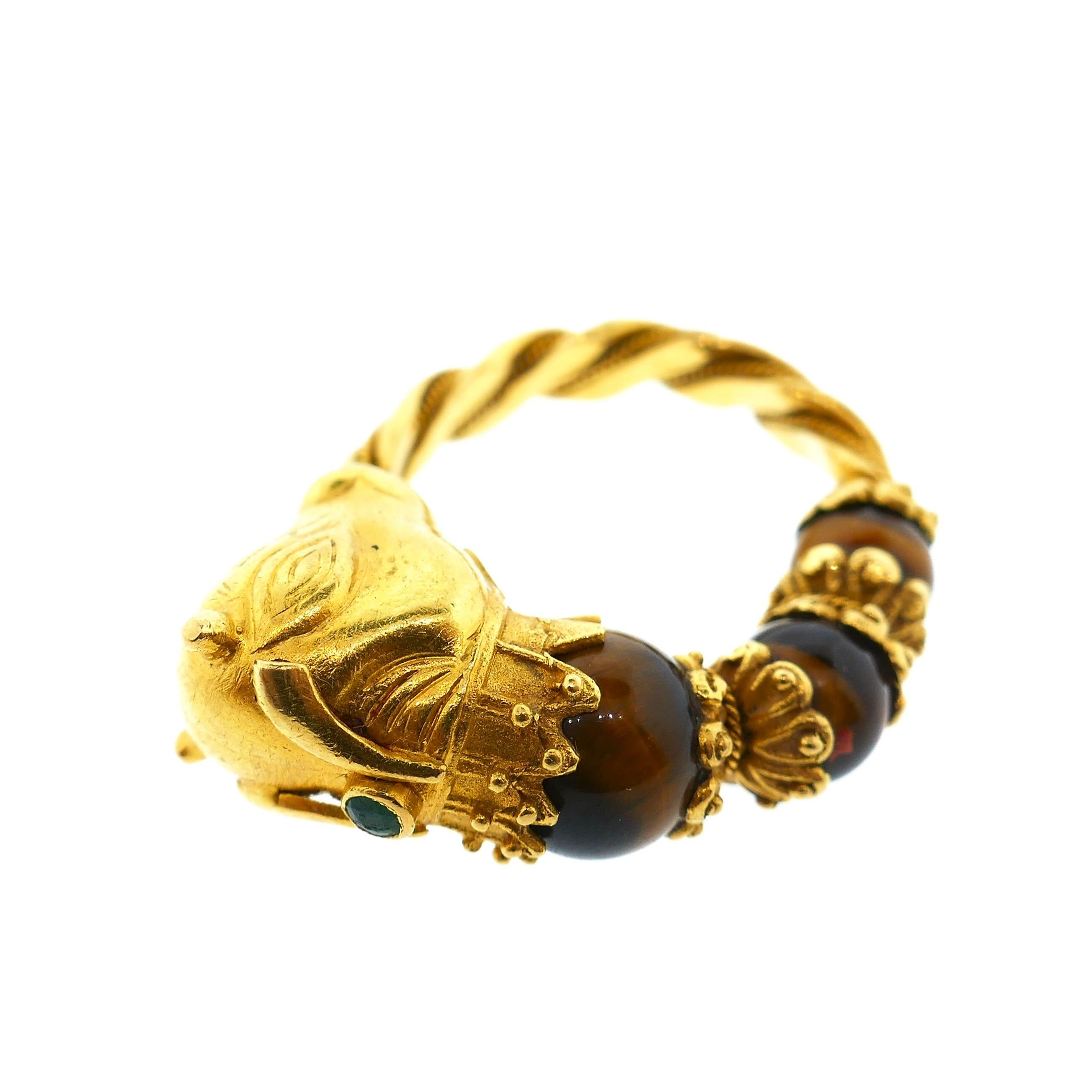 Lalaounis 22 Karat Yellow Gold Tiger Eye Emerald Bull Head Ring 6