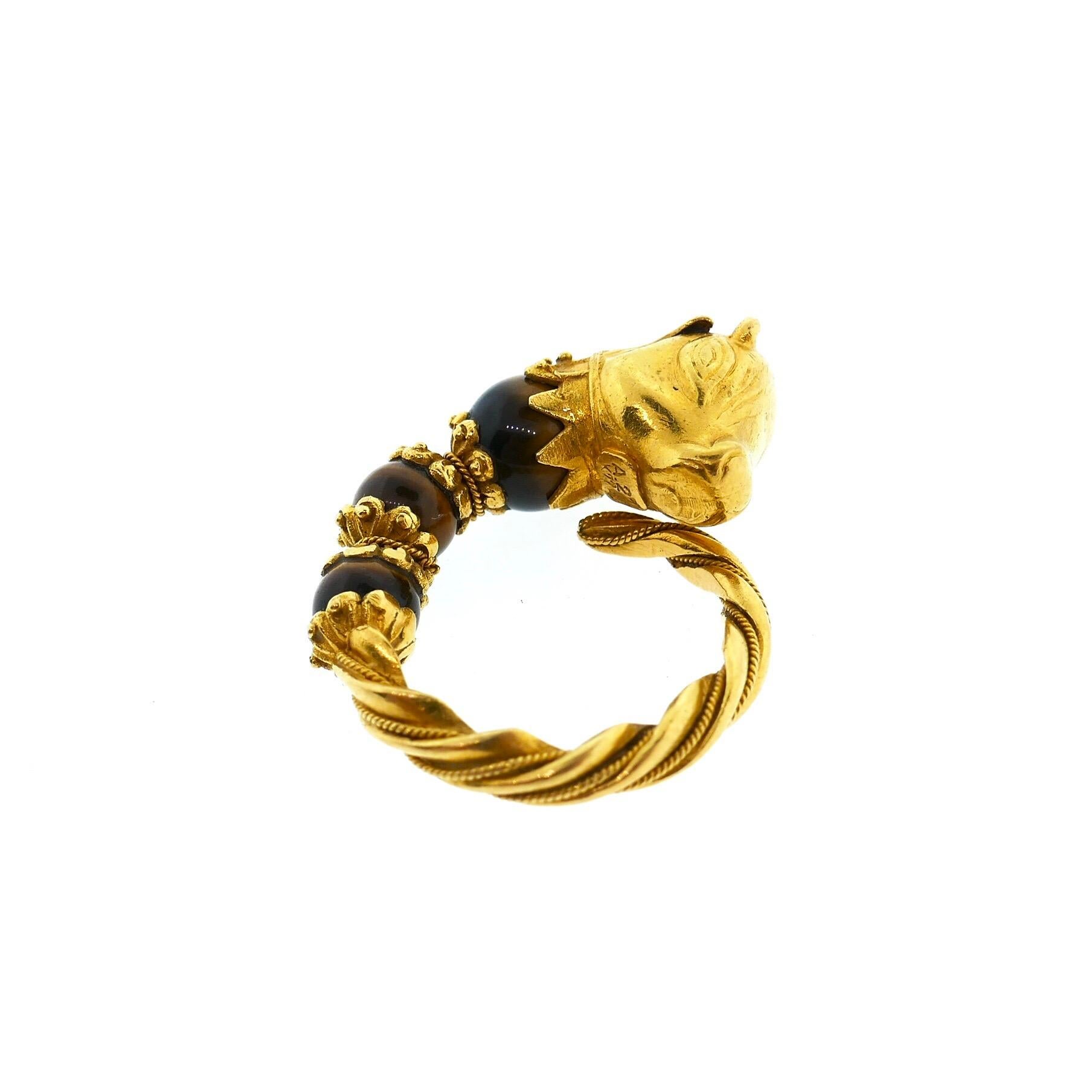 Lalaounis 22 Karat Yellow Gold Tiger Eye Emerald Bull Head Ring In Excellent Condition In Beverly Hills, CA