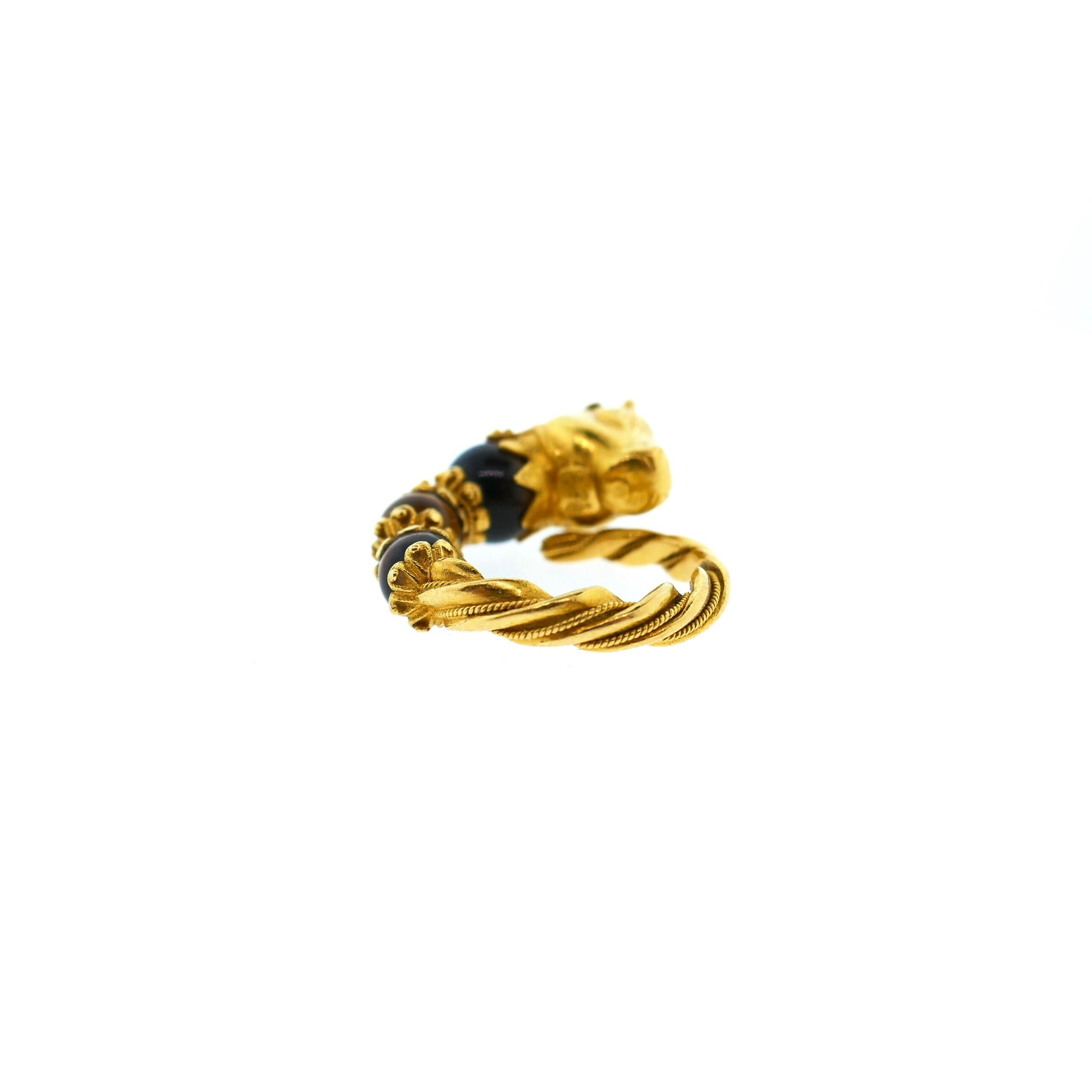 Women's Lalaounis 22 Karat Yellow Gold Tiger Eye Emerald Bull Head Ring