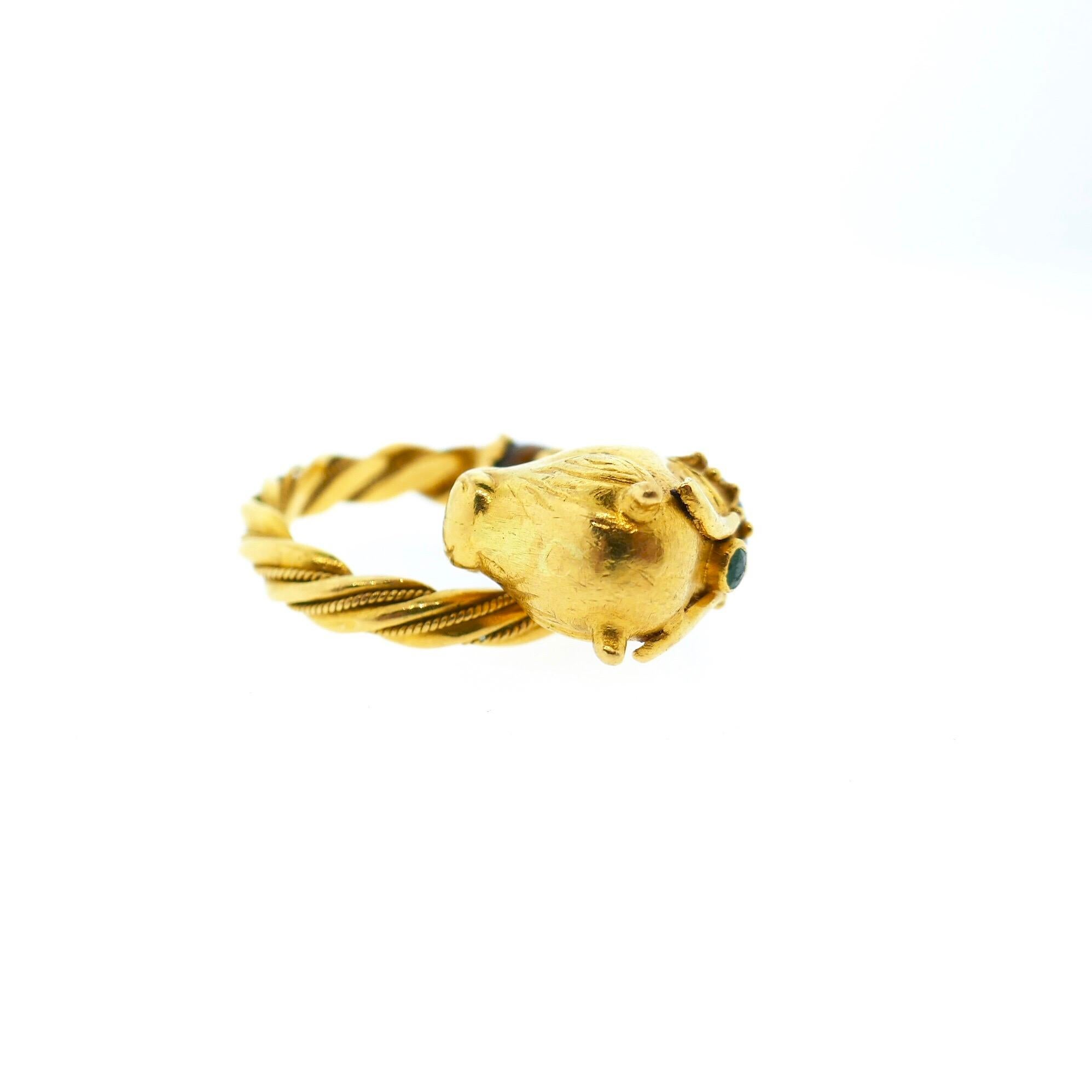 Lalaounis 22 Karat Yellow Gold Tiger Eye Emerald Bull Head Ring 1