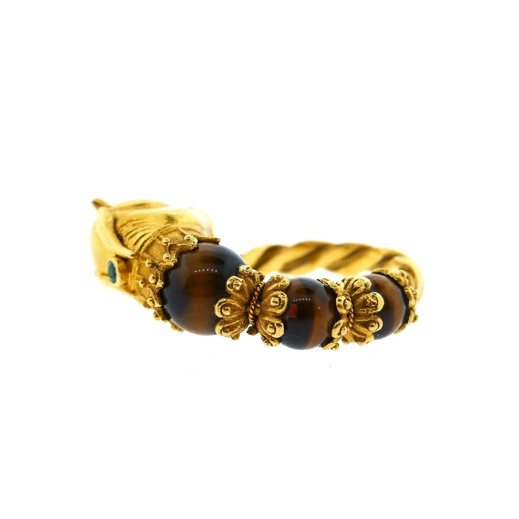 Lalaounis 22 Karat Yellow Gold Tiger Eye Emerald Bull Head Ring 2