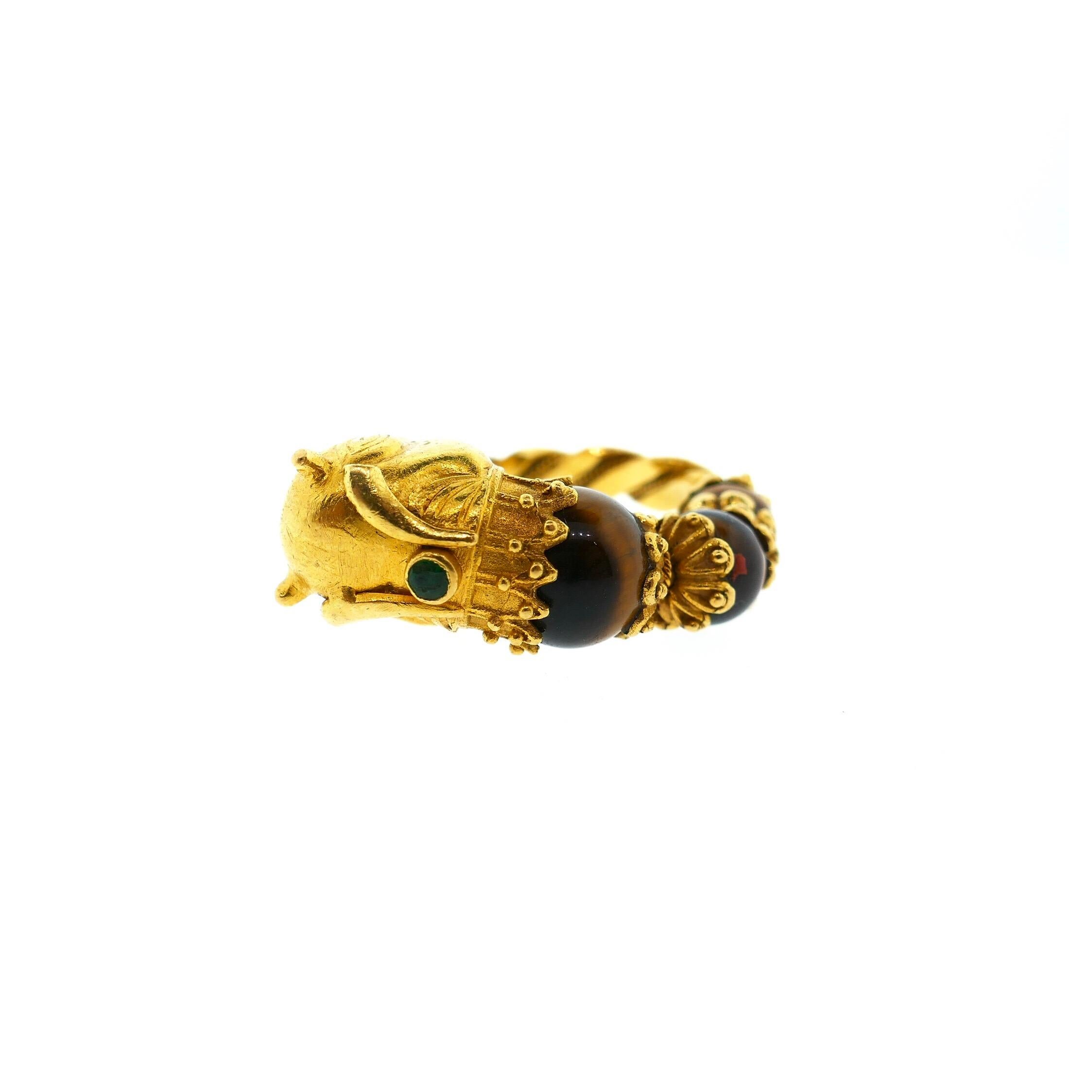 Lalaounis 22 Karat Yellow Gold Tiger Eye Emerald Bull Head Ring 3