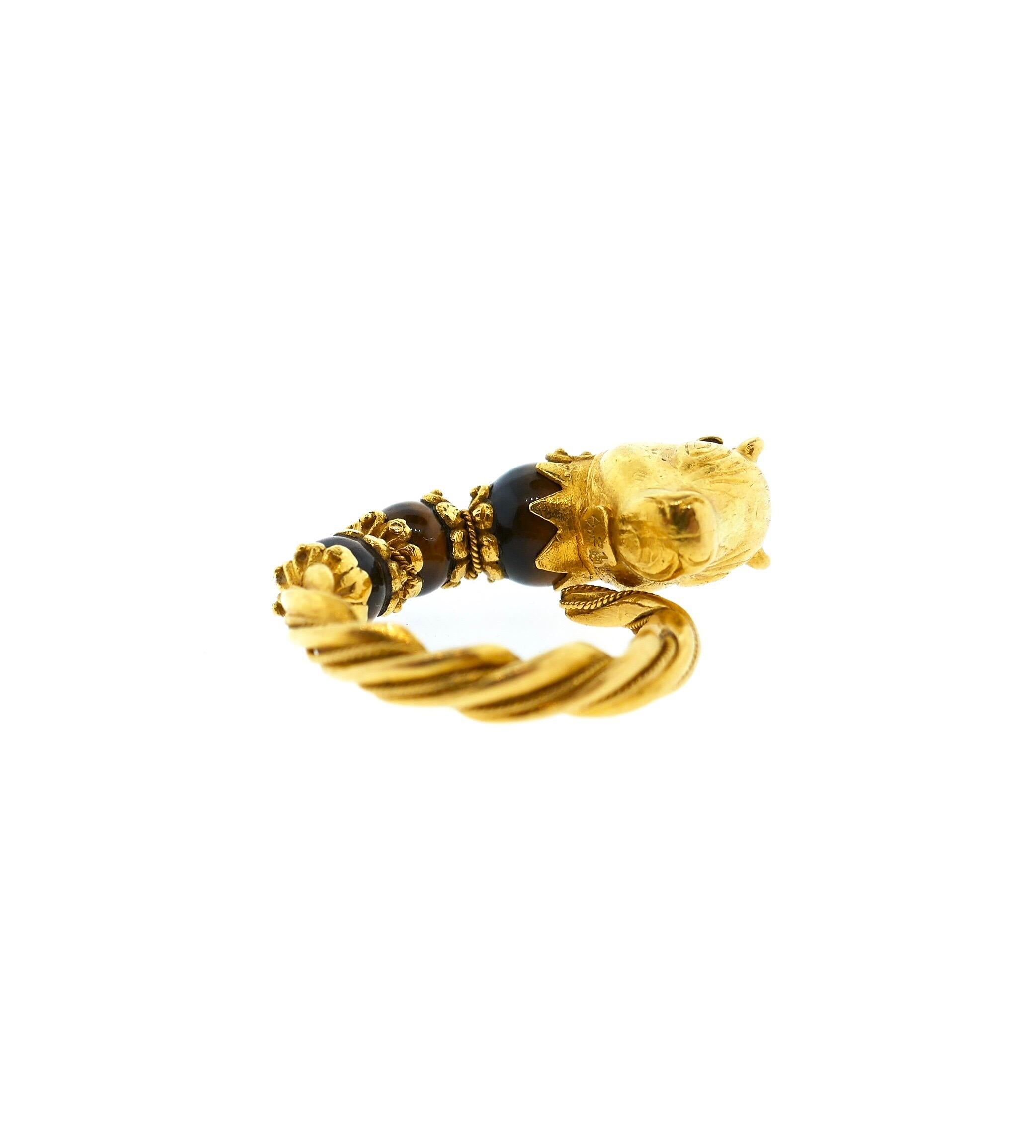 Lalaounis 22 Karat Yellow Gold Tiger Eye Emerald Bull Head Ring 4