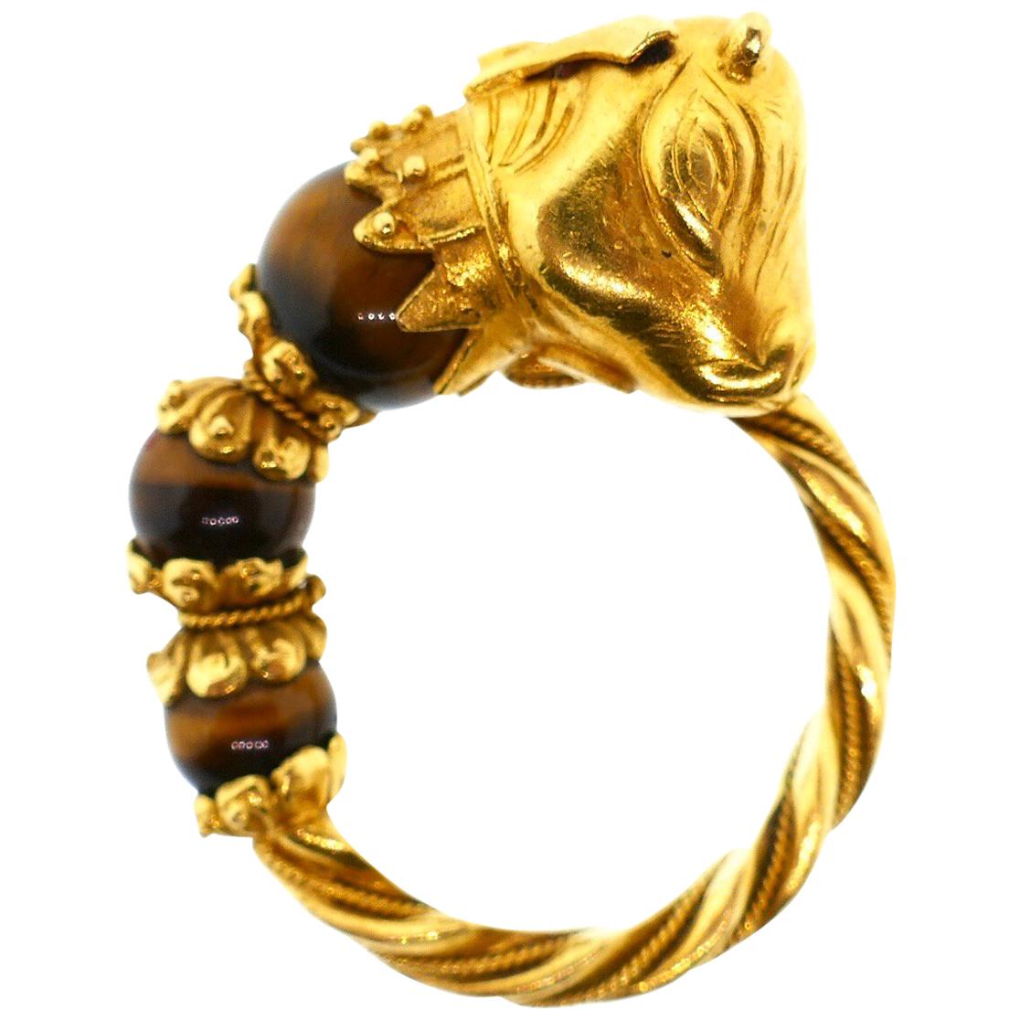 Lalaounis 22 Karat Yellow Gold Tiger Eye Emerald Bull Head Ring