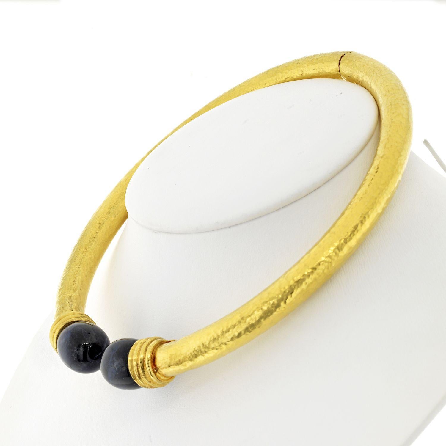 Modern Lalaounis 22K Yellow Gold Hammered Lapis Collar Hinged Necklace