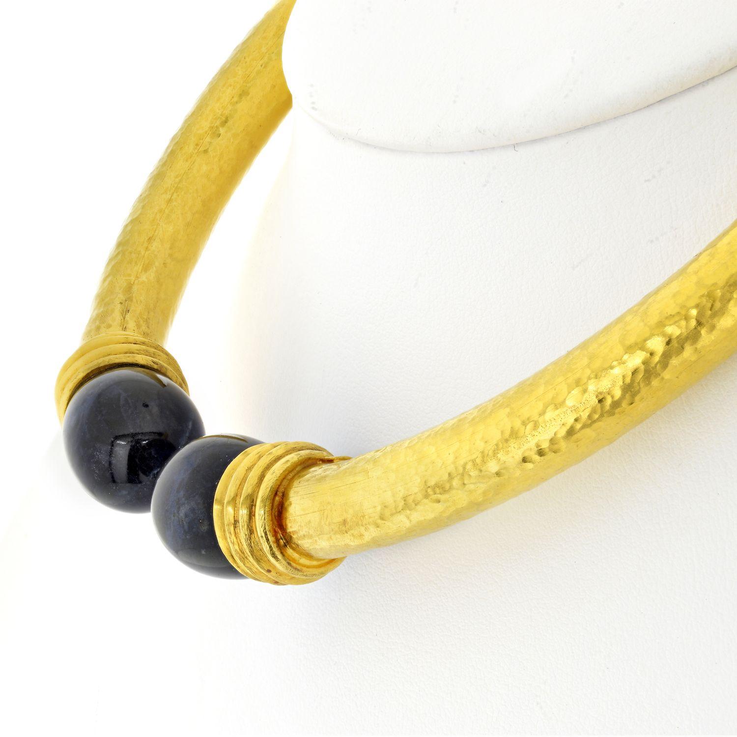 Cabochon Lalaounis 22K Yellow Gold Hammered Lapis Collar Hinged Necklace