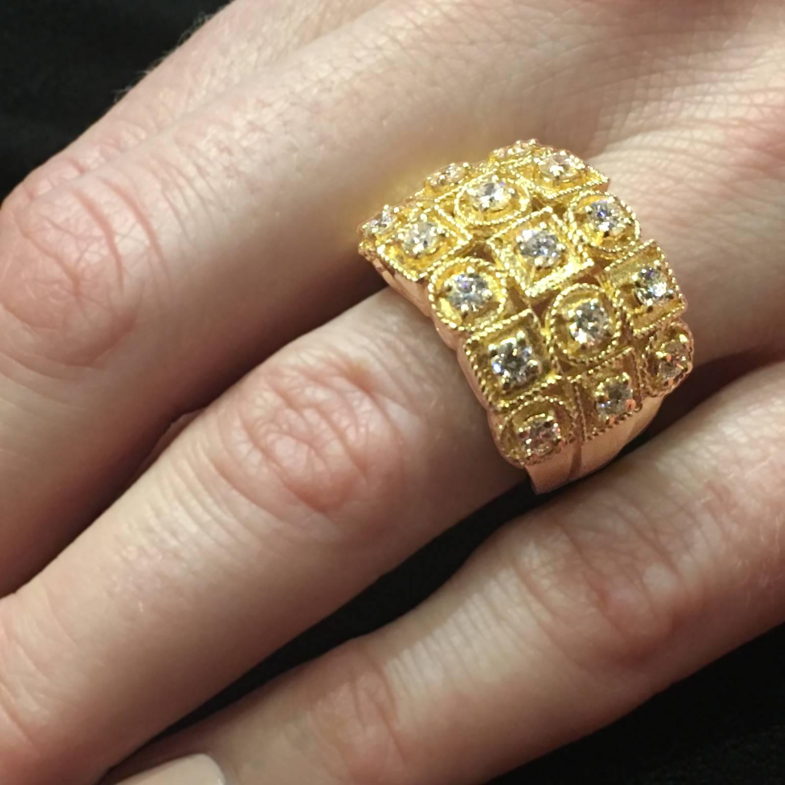 Ring in 18k yellow gold with touches of diamonds from the Byzantine Collection.
Diamond: Total weight 1,20 carats
Ring: 6 ½ US size
Specific sizes made to order
Depending on stock levels it may take 2 weeks to have the item ready to be