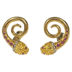 Lalaounis Chimera Head Large Yellow Gold and Gem set Earrings