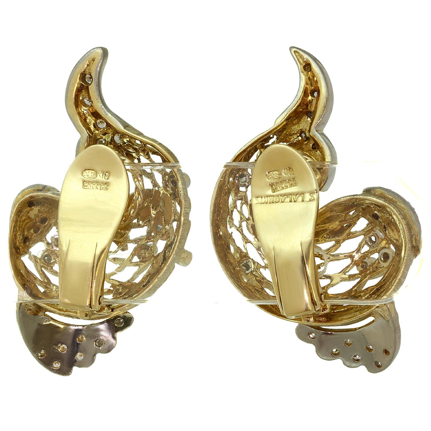 Women's Lalaounis Dolphin Diamond 18k Yellow Gold Clip-On Earrings For Sale