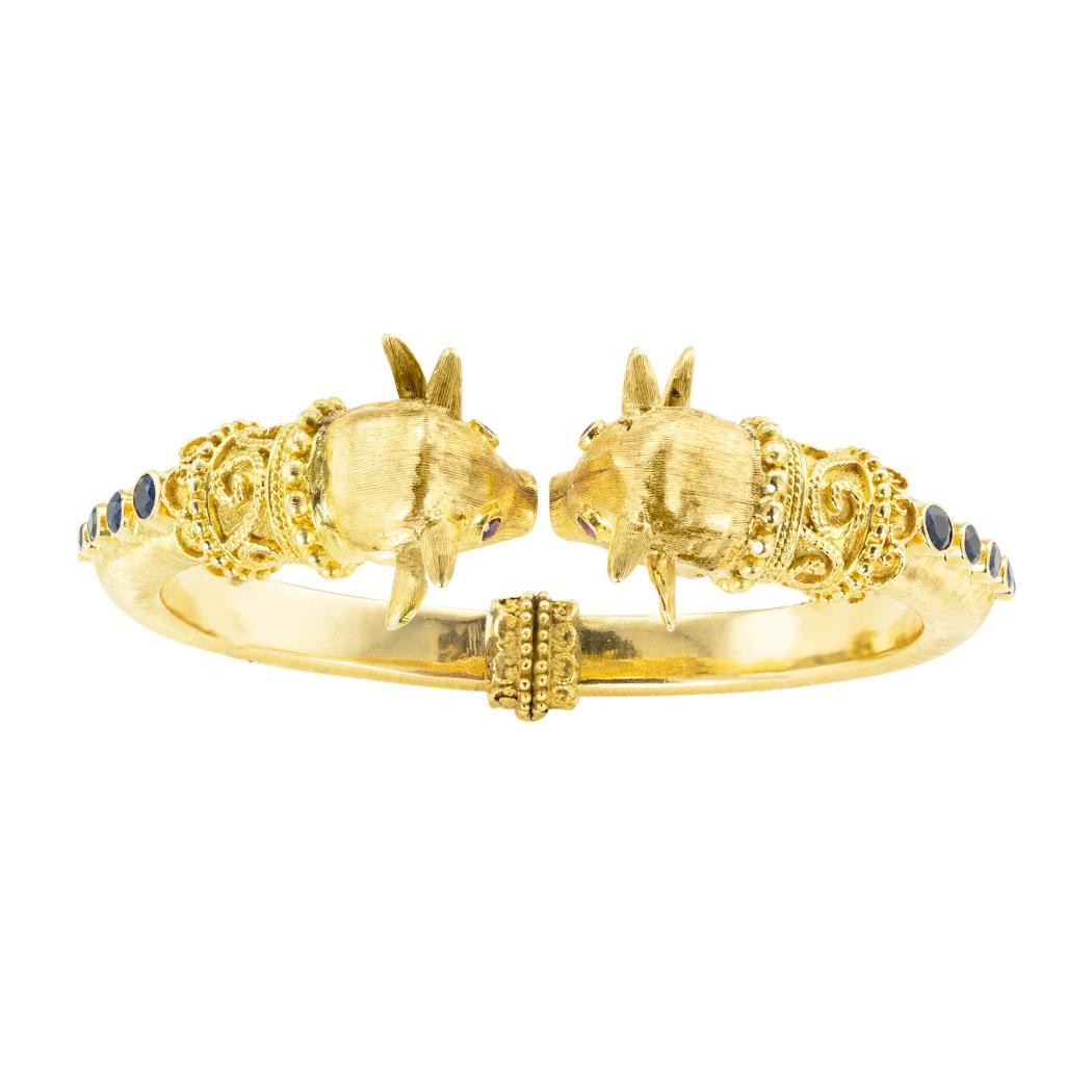 Round Cut Lalaounis Double Bulls Heads Hinged Cuff Bracelet For Sale