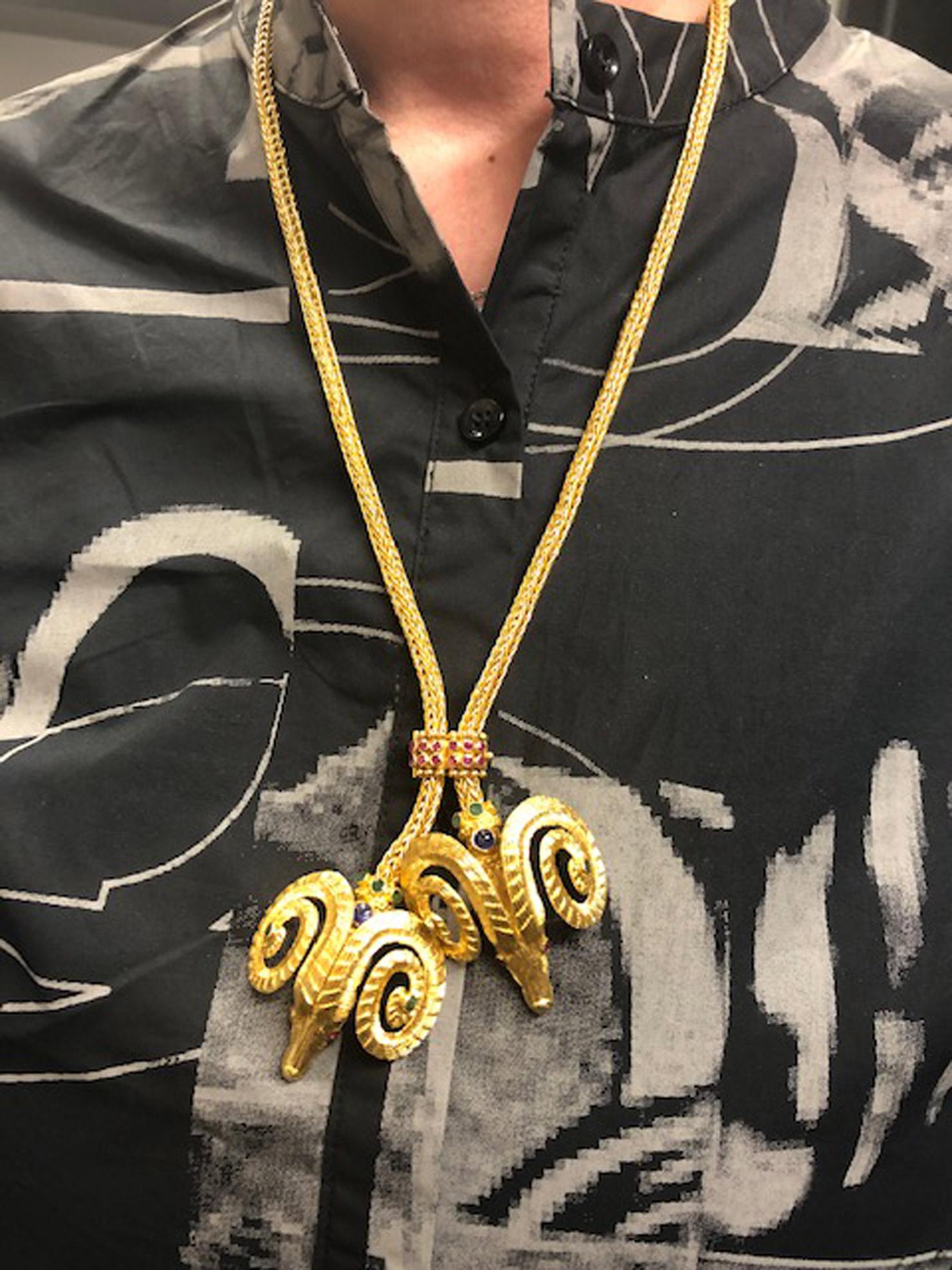 Mixed Cut Lalaounis Double Rams Head Gem Set 18 Karat Gold Necklace For Sale
