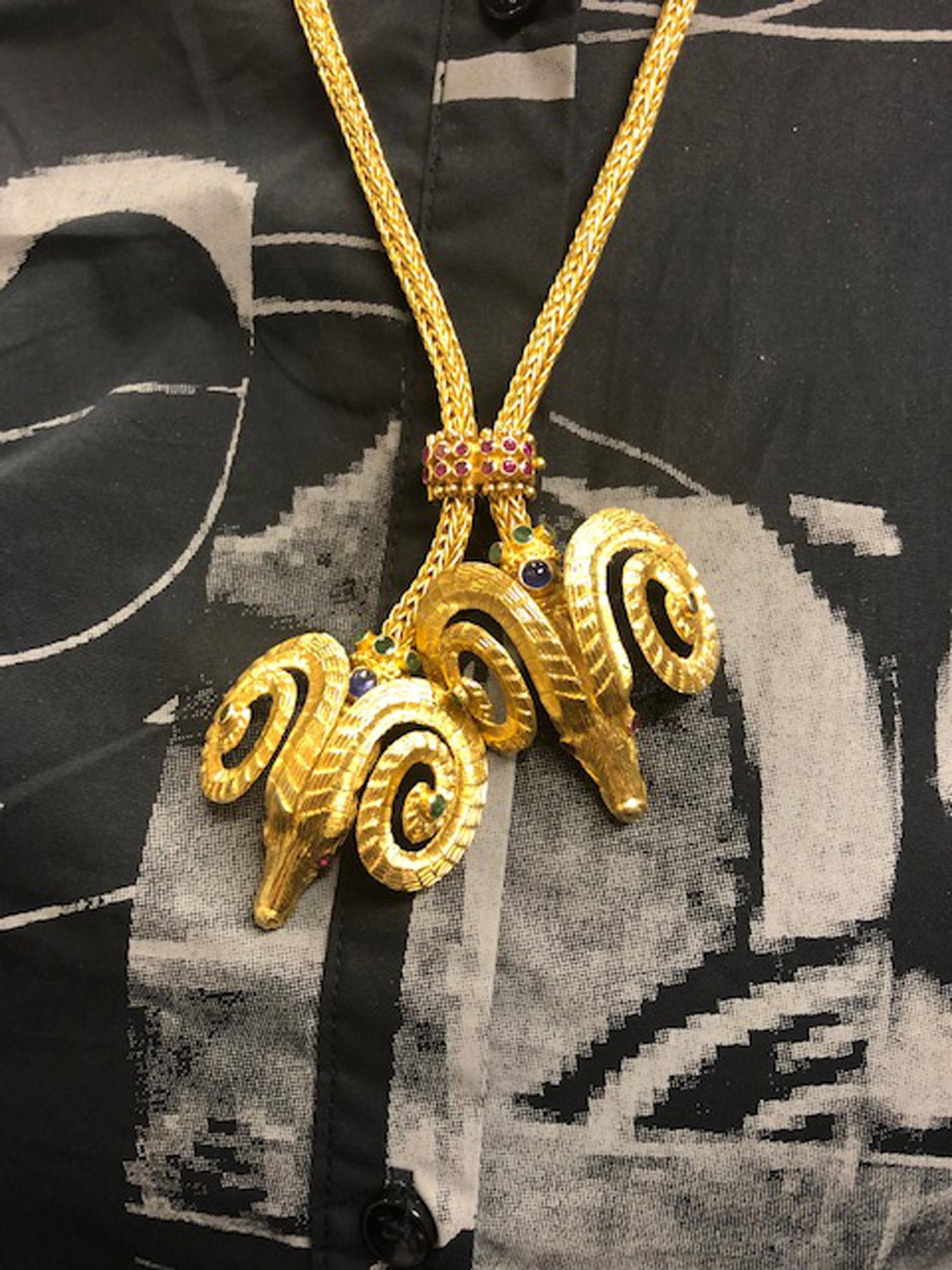 Lalaounis Double Rams Head Gem Set 18 Karat Gold Necklace In Excellent Condition For Sale In New York, NY