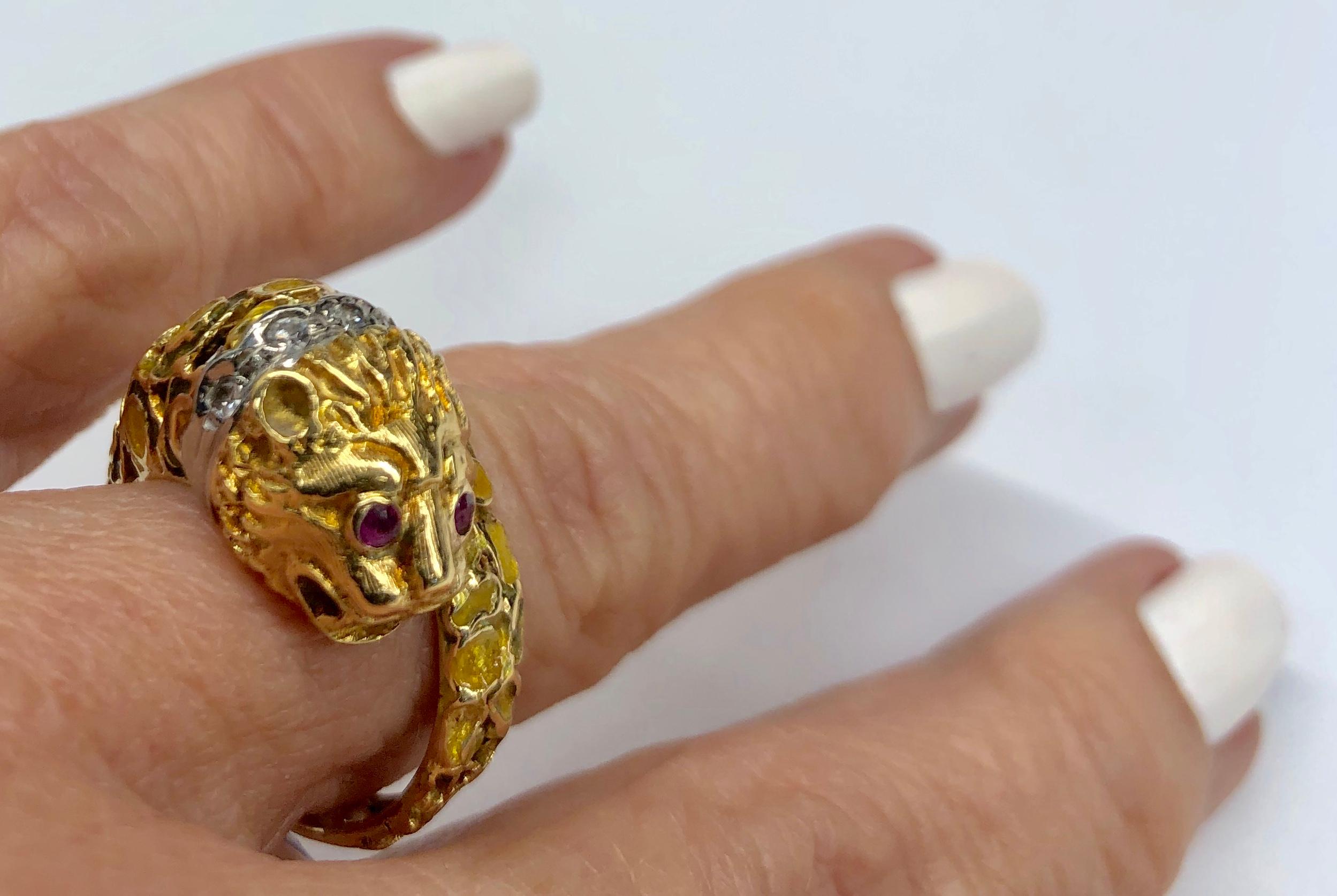 Women's Lalaounis 18K Yellow Gold Enameled Lion Ring