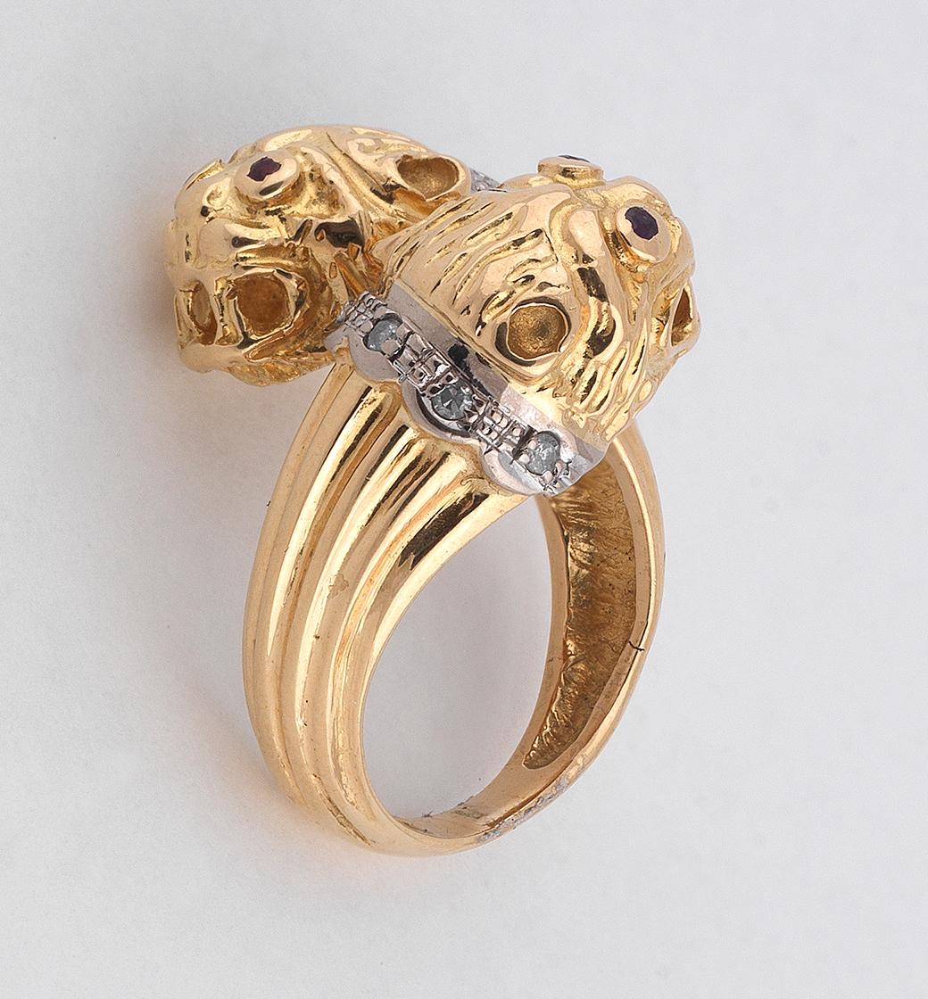 Retro Lalaounis Gold and Diamond Twin Lion Heads Ring