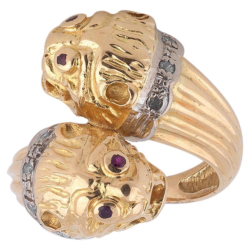 Lalaounis Gold and Diamond Twin Lion Heads Ring