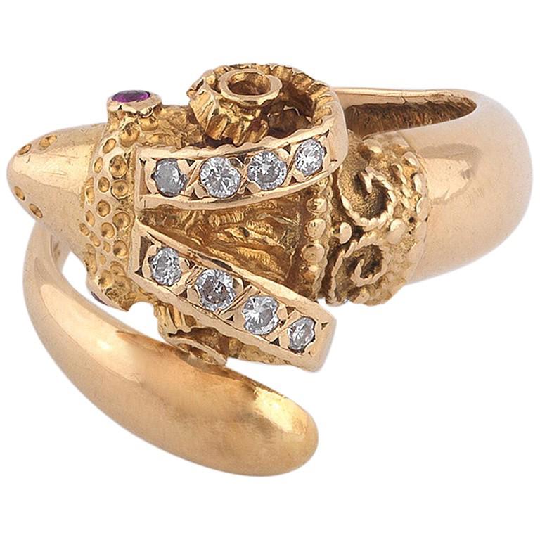 Lalaounis Gold Diamond and Ruby Ram’s Head Ring