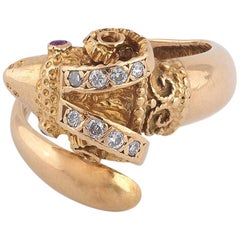 Vintage Lalaounis Gold Diamond and Ruby Ram’s Head Ring