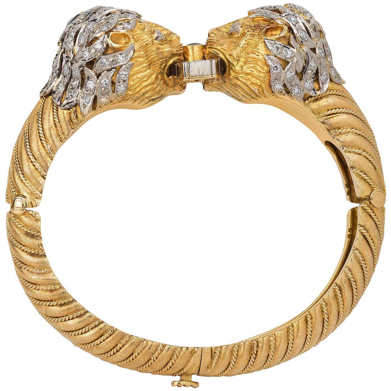 Lalaounis Gold, Diamond, and Sapphire Loin Head Bangle
