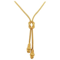 Vintage Lalaounis Gold 'Hercules Knot' Lions Heads Lariat Necklace